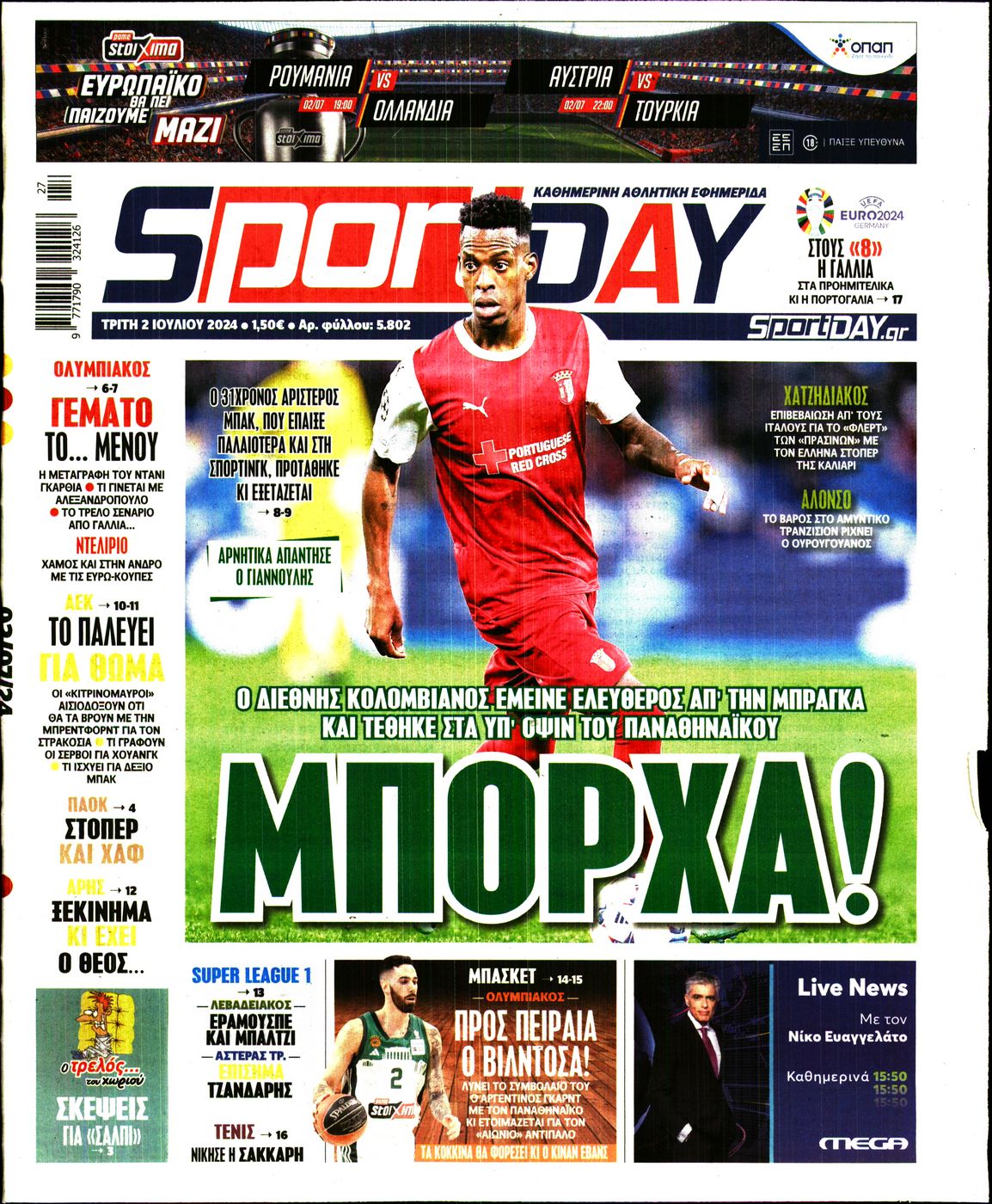 Εξώφυλο εφημερίδας SPORTDAY 2024-07-02