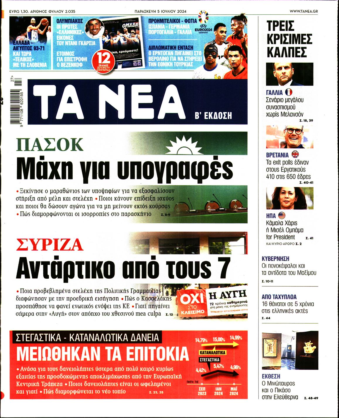 Εξώφυλο εφημερίδας ΤΑ ΝΕΑ 2024-07-05