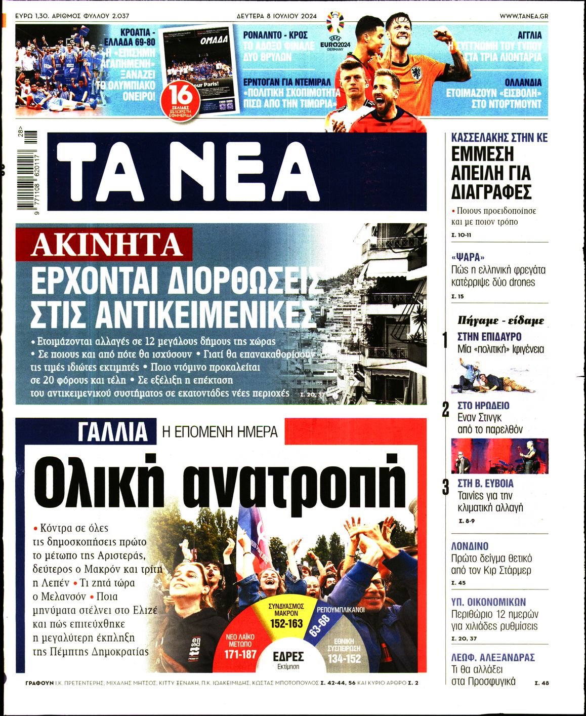 Εξώφυλο εφημερίδας ΤΑ ΝΕΑ 2024-07-08