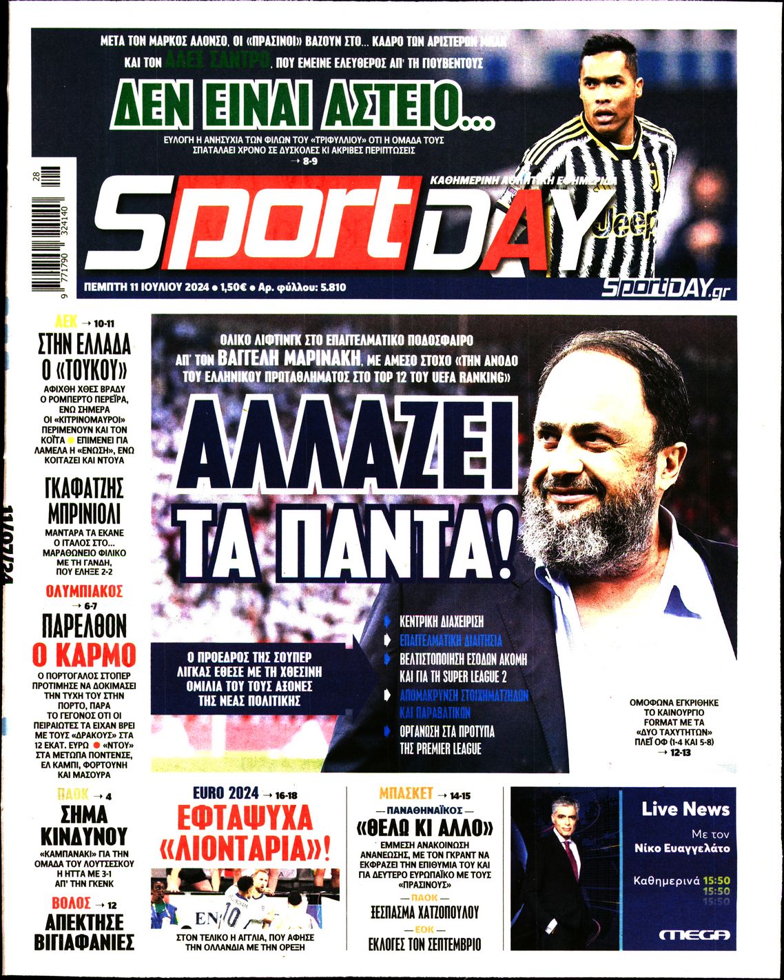 Εξώφυλο εφημερίδας SPORTDAY 2024-07-11