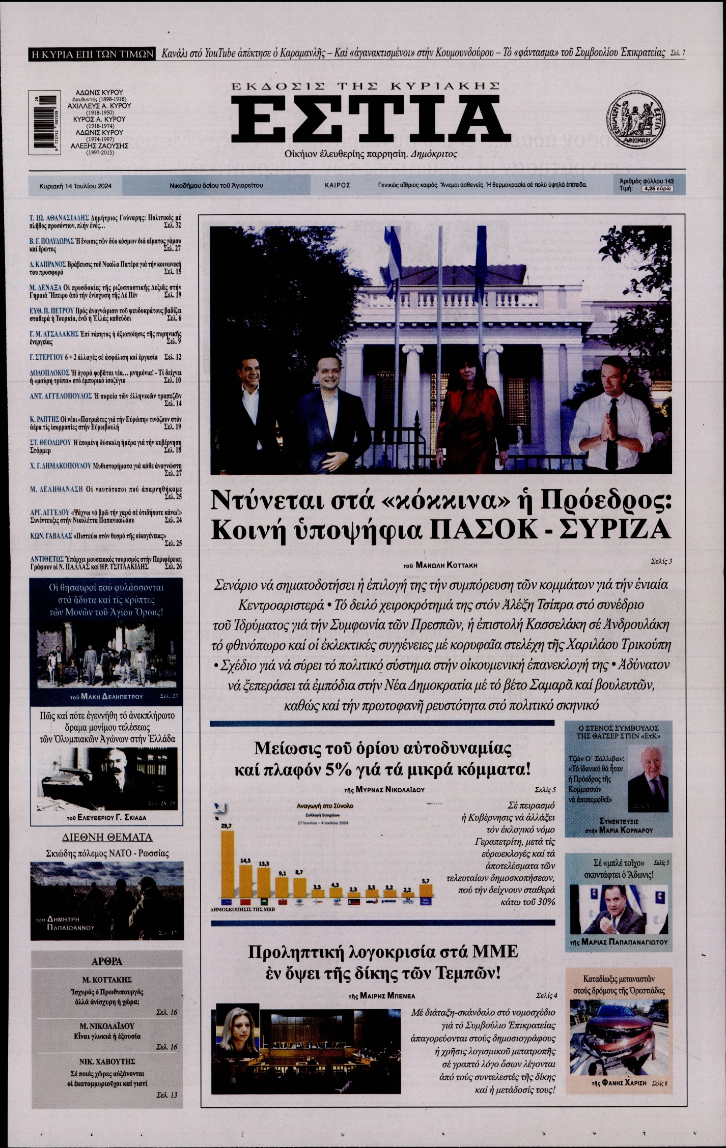 Εξώφυλο εφημερίδας ΕΣΤΙΑ ΤΗΣ ΚΥΡΙΑΚΗΣ 2024-07-14