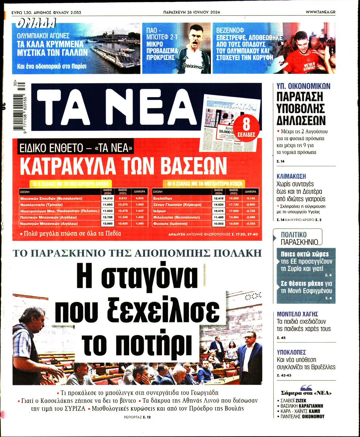 Εξώφυλο εφημερίδας ΤΑ ΝΕΑ 2024-07-26