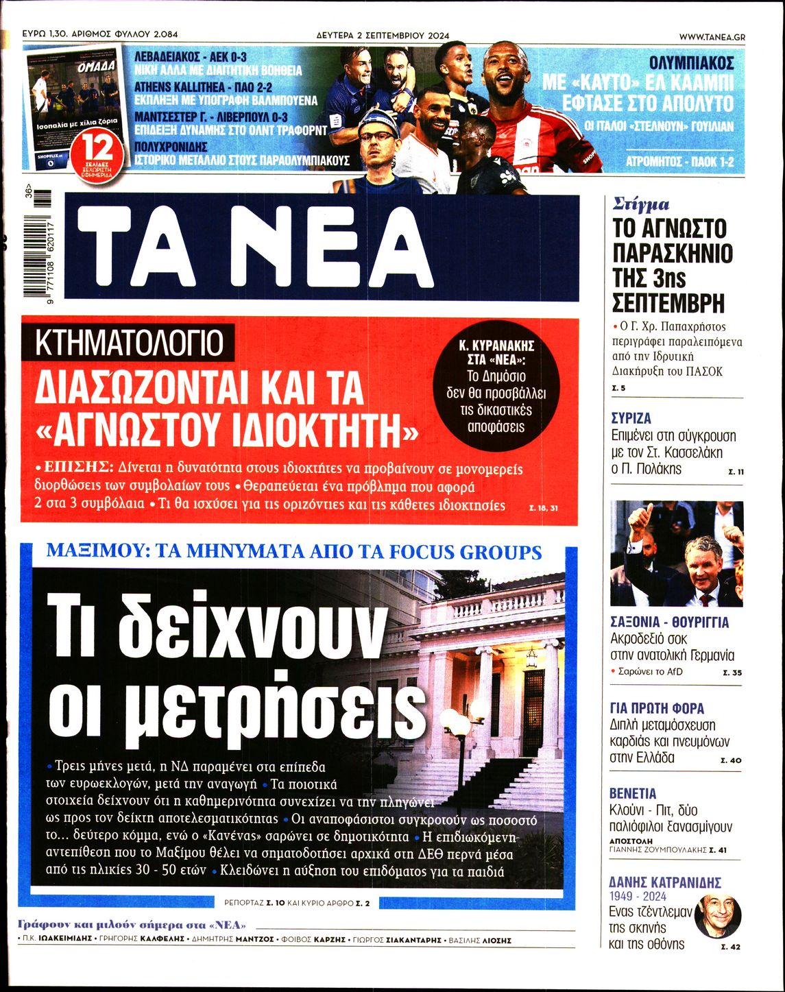 Εξώφυλο εφημερίδας ΤΑ ΝΕΑ 2024-09-02