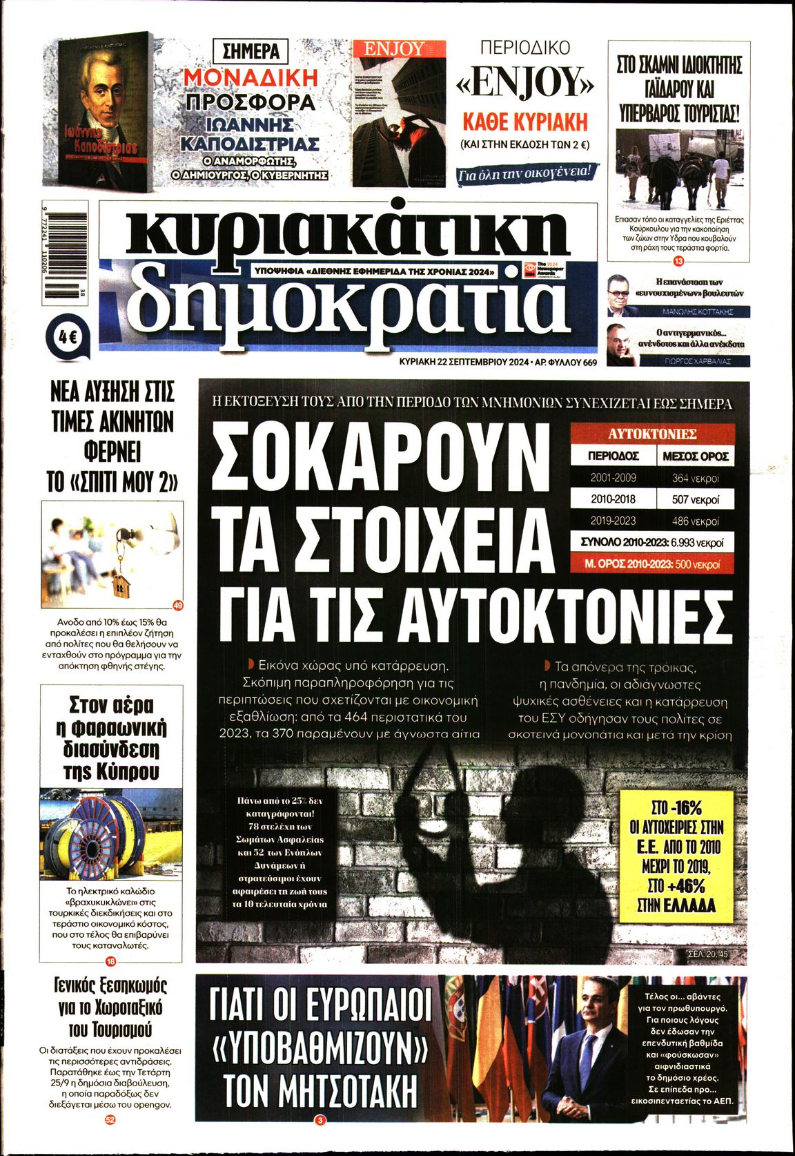 Εξώφυλο εφημερίδας ΔΗΜΟΚΡΑΤΙΑ 2024-09-22