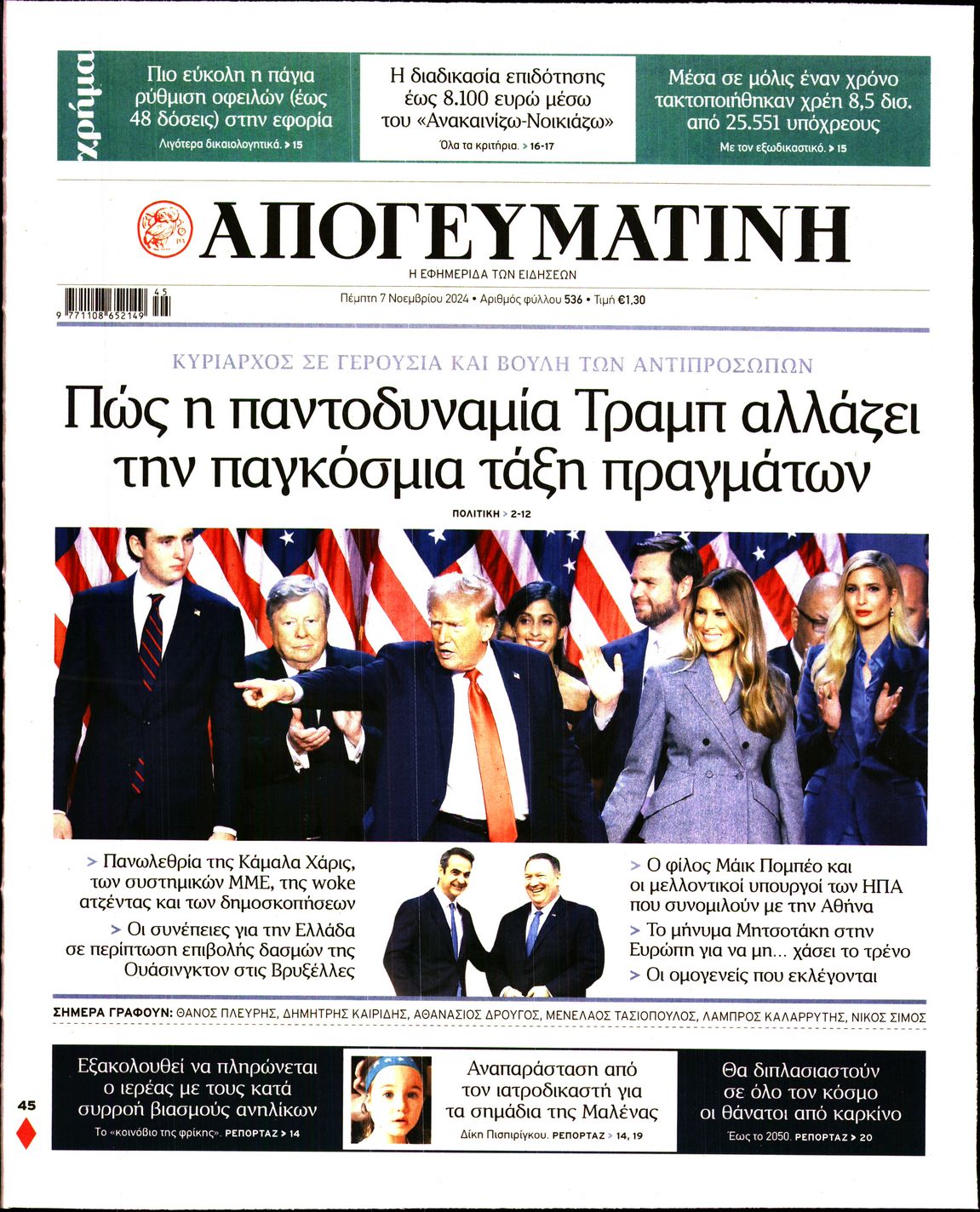 Εξώφυλο εφημερίδας ΑΠΟΓΕΥΜΑΤΙΝΗ 2024-11-07