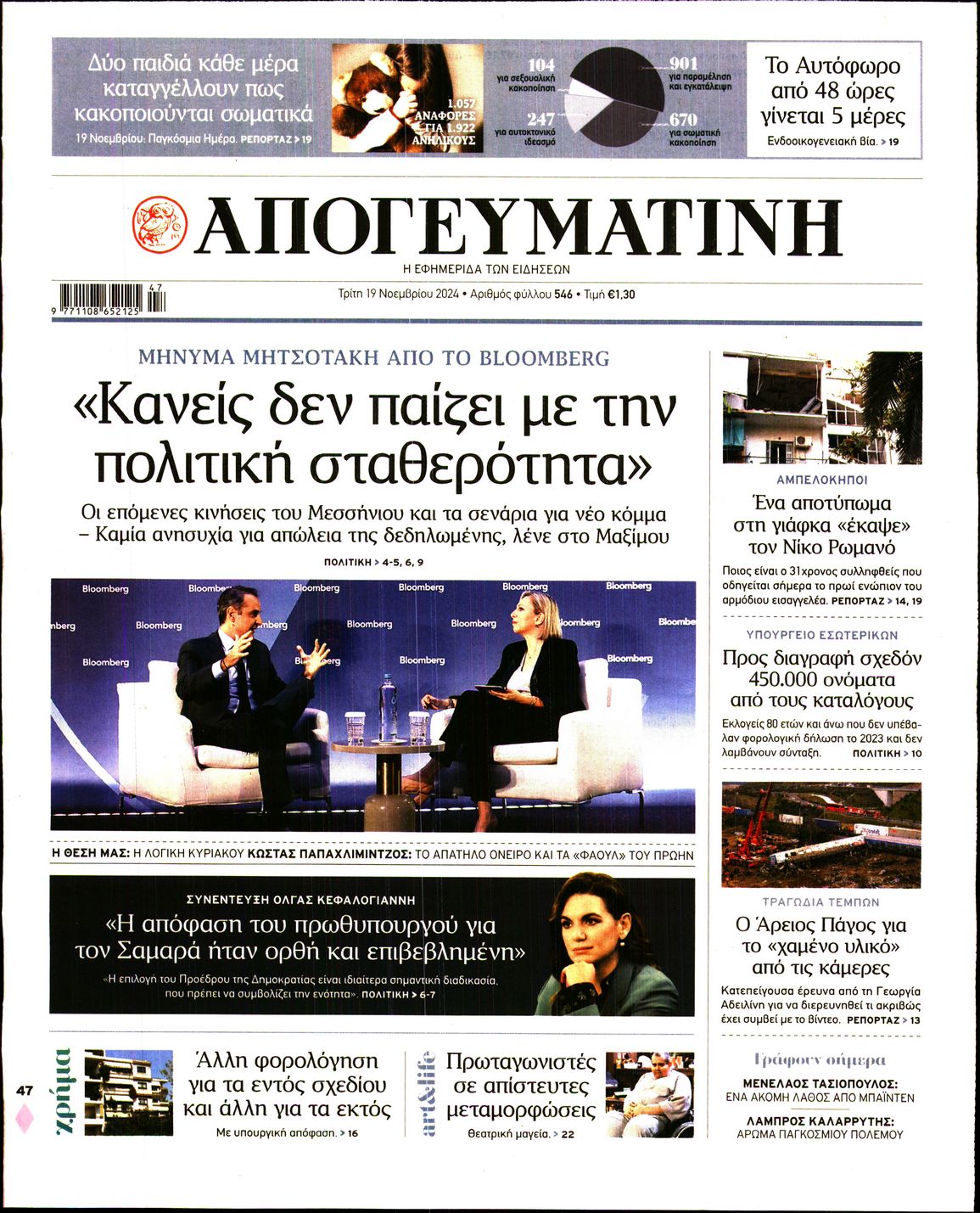 Εξώφυλο εφημερίδας ΑΠΟΓΕΥΜΑΤΙΝΗ 2024-11-19