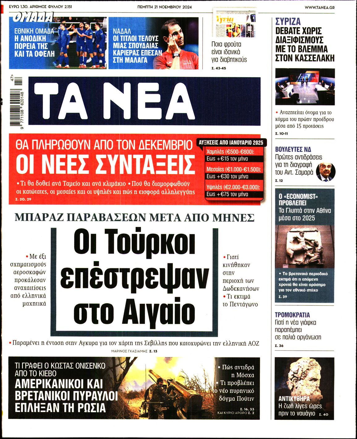 Εξώφυλο εφημερίδας ΤΑ ΝΕΑ 2024-11-21