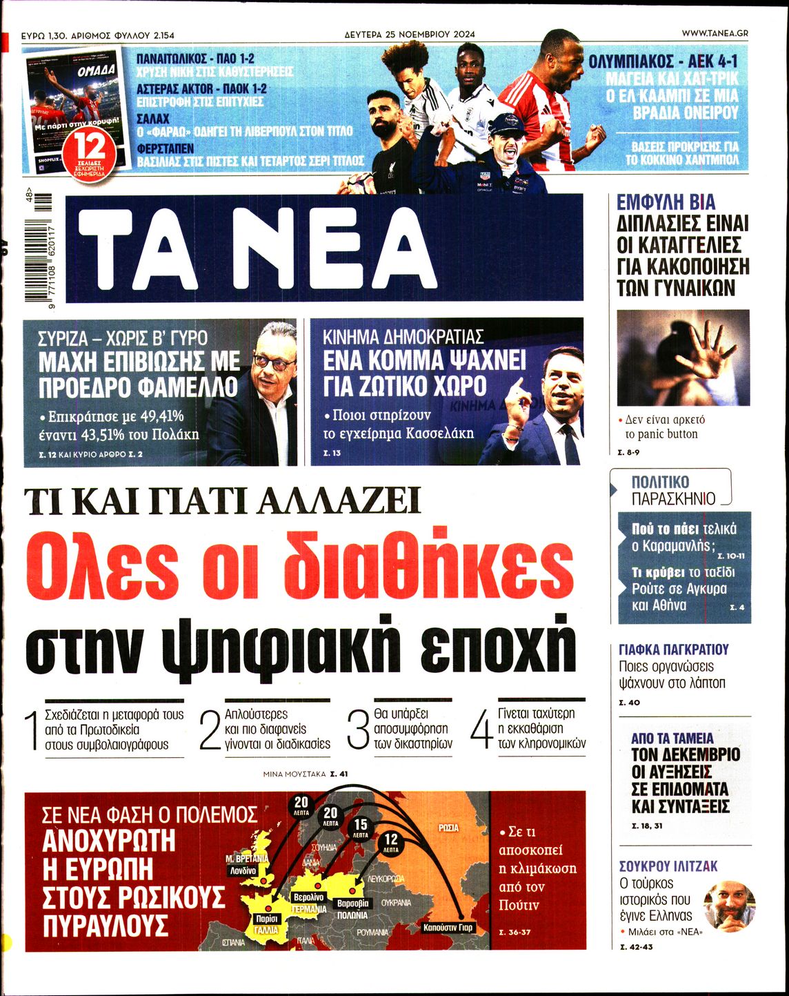 Εξώφυλο εφημερίδας ΤΑ ΝΕΑ 2024-11-25