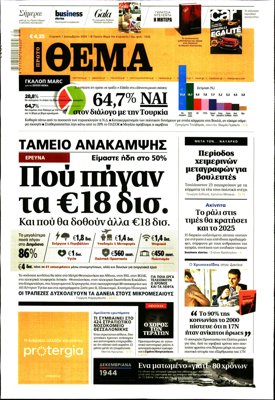 Εξώφυλο εφημερίδας ΠΡΩΤΟ ΘΕΜΑ 2024-12-01