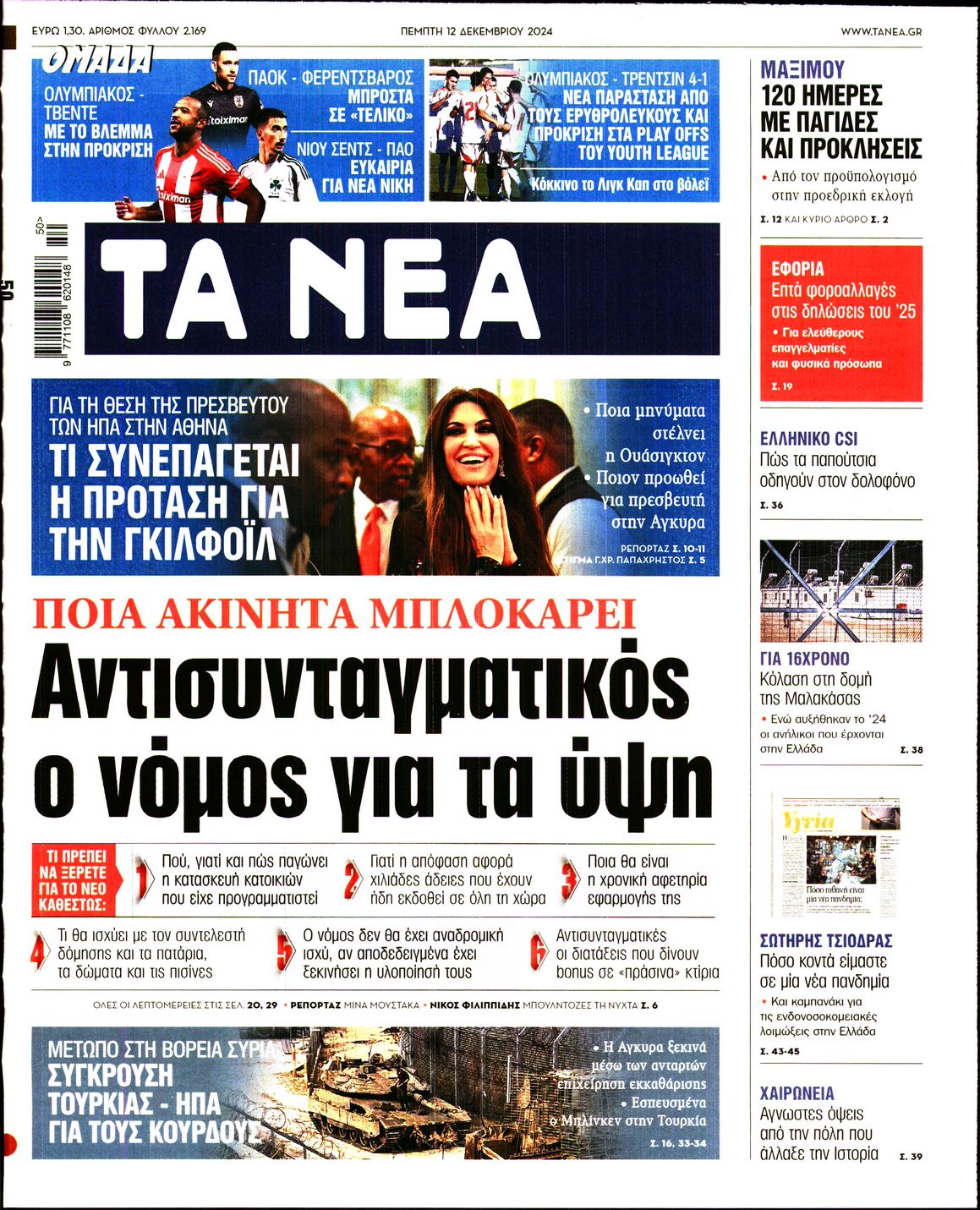 Εξώφυλο εφημερίδας ΤΑ ΝΕΑ 2024-12-12