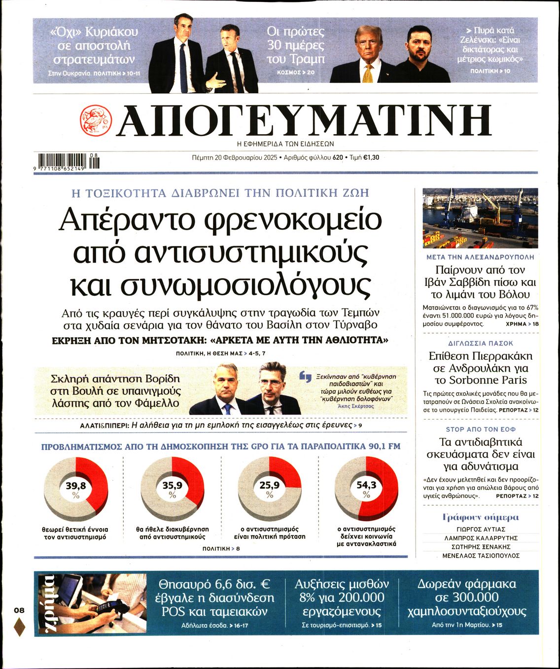 Εξώφυλο εφημερίδας ΑΠΟΓΕΥΜΑΤΙΝΗ 2025-02-20