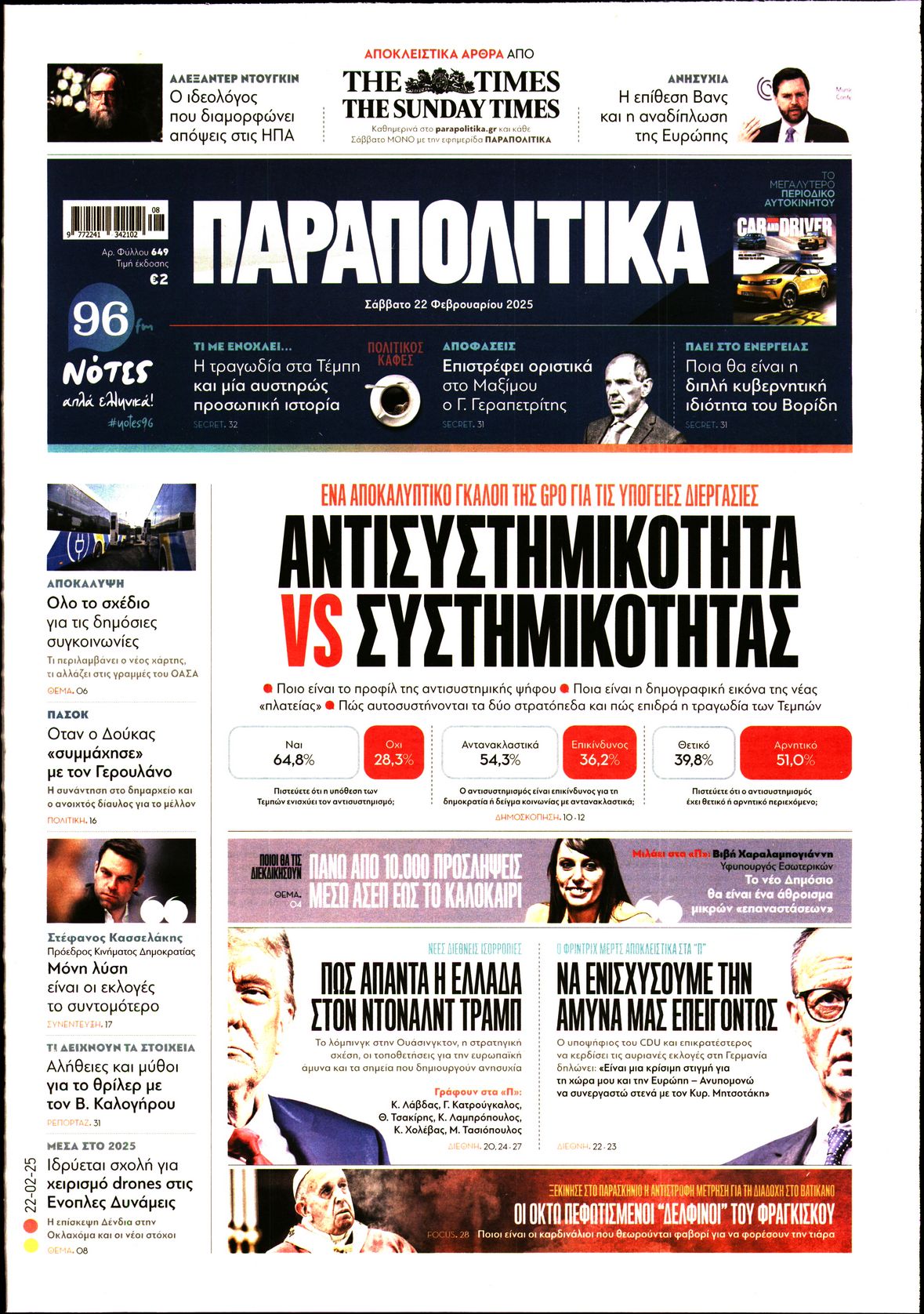Εξώφυλο εφημερίδας ΠΑΡΑΠΟΛΙΤΙΚΑ 2025-02-22