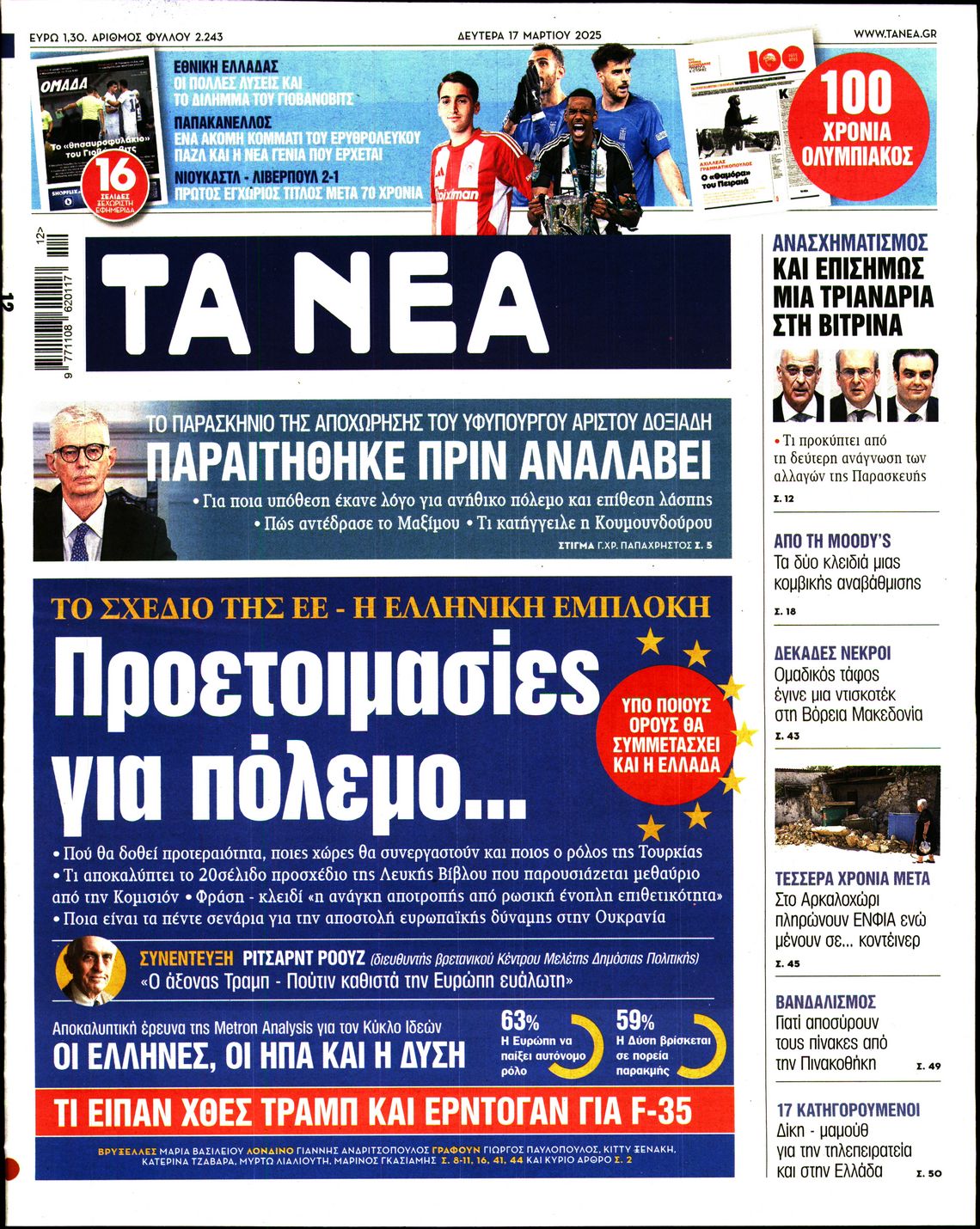 Εξώφυλο εφημερίδας ΤΑ ΝΕΑ 2025-03-17