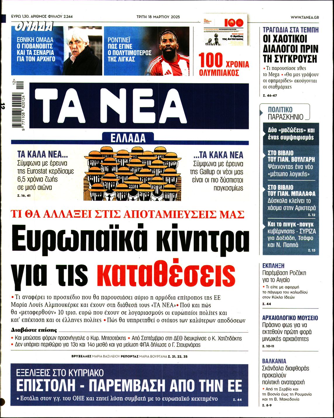 Εξώφυλο εφημερίδας ΤΑ ΝΕΑ 2025-03-18