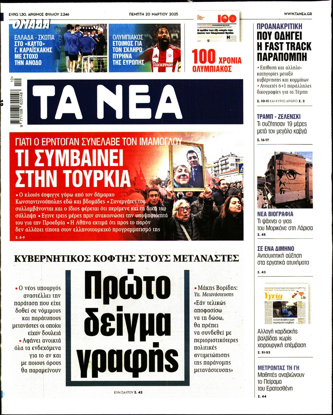 Εξώφυλο εφημερίδας ΤΑ ΝΕΑ 2025-03-20