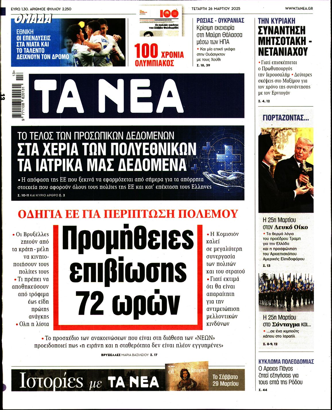 Εξώφυλο εφημερίδας ΤΑ ΝΕΑ 2025-03-26