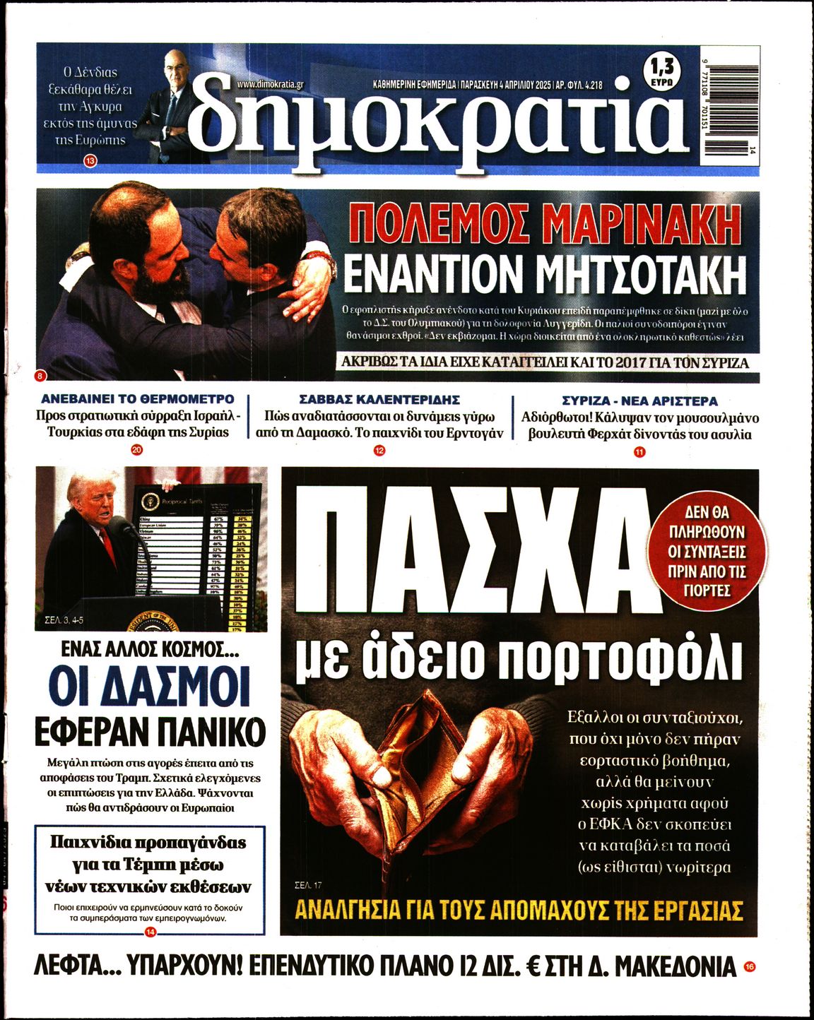 Εξώφυλο εφημερίδας ΔΗΜΟΚΡΑΤΙΑ 2025-04-04