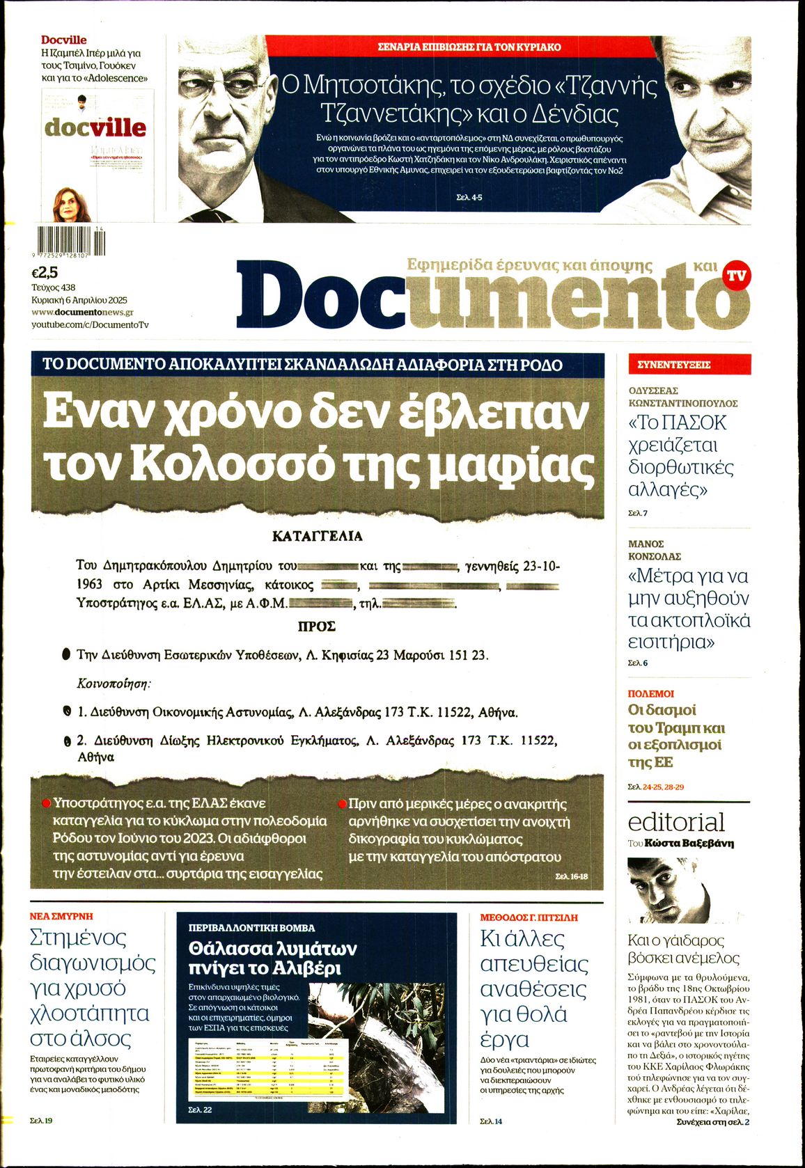 Εξώφυλο εφημερίδας DOCUMENTO 2025-04-06