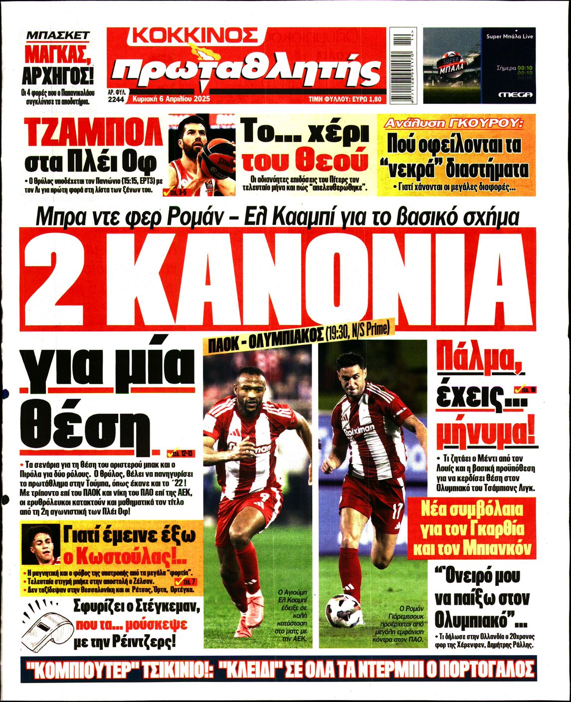Εξώφυλο εφημερίδας ΠΡΩΤΑΘΛΗΤΗΣ 2025-04-06