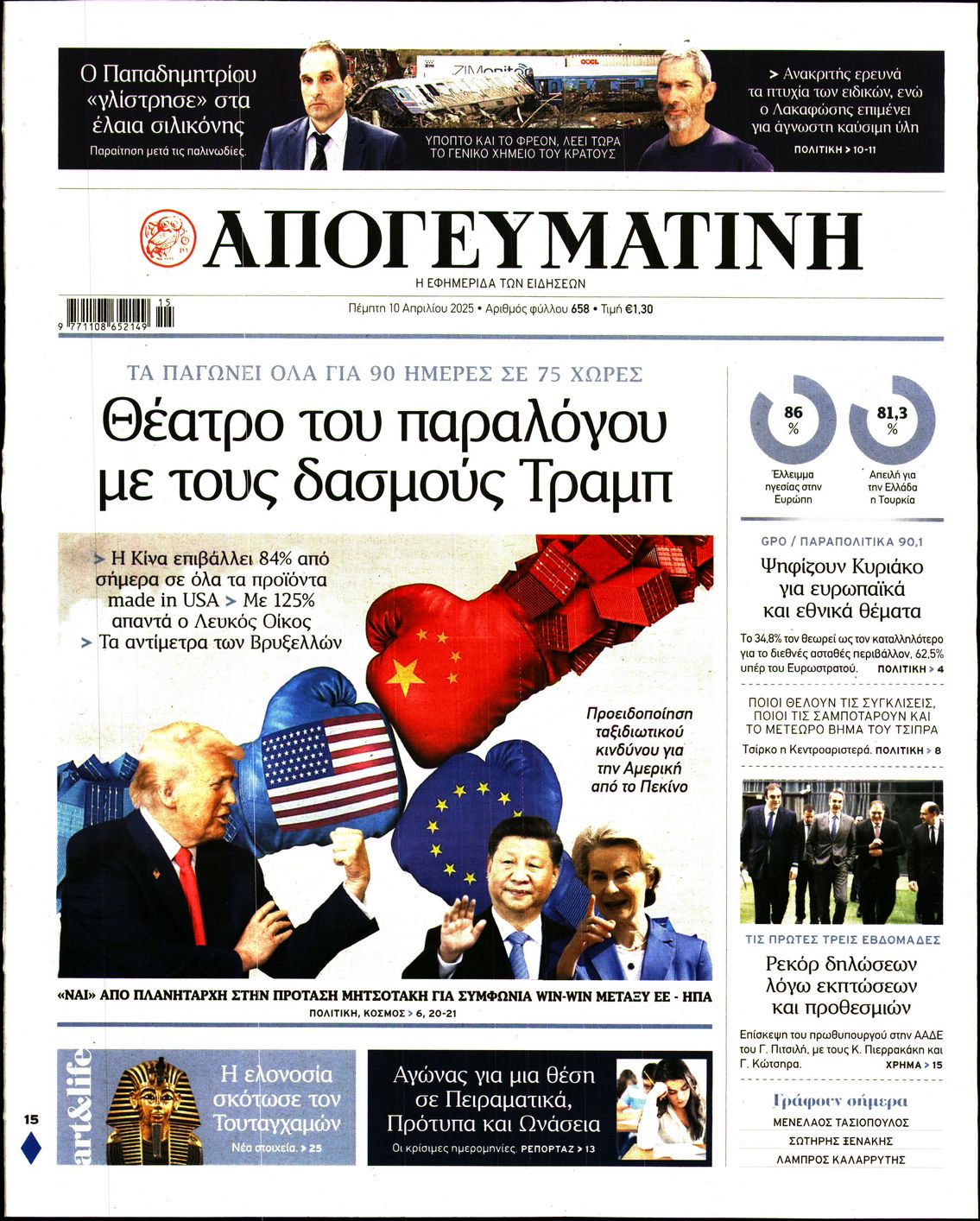Εξώφυλο εφημερίδας ΑΠΟΓΕΥΜΑΤΙΝΗ 2025-04-10