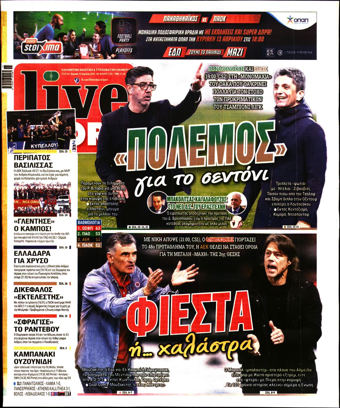 Εξώφυλο εφημερίδας LIVE SPORT 2025-04-13