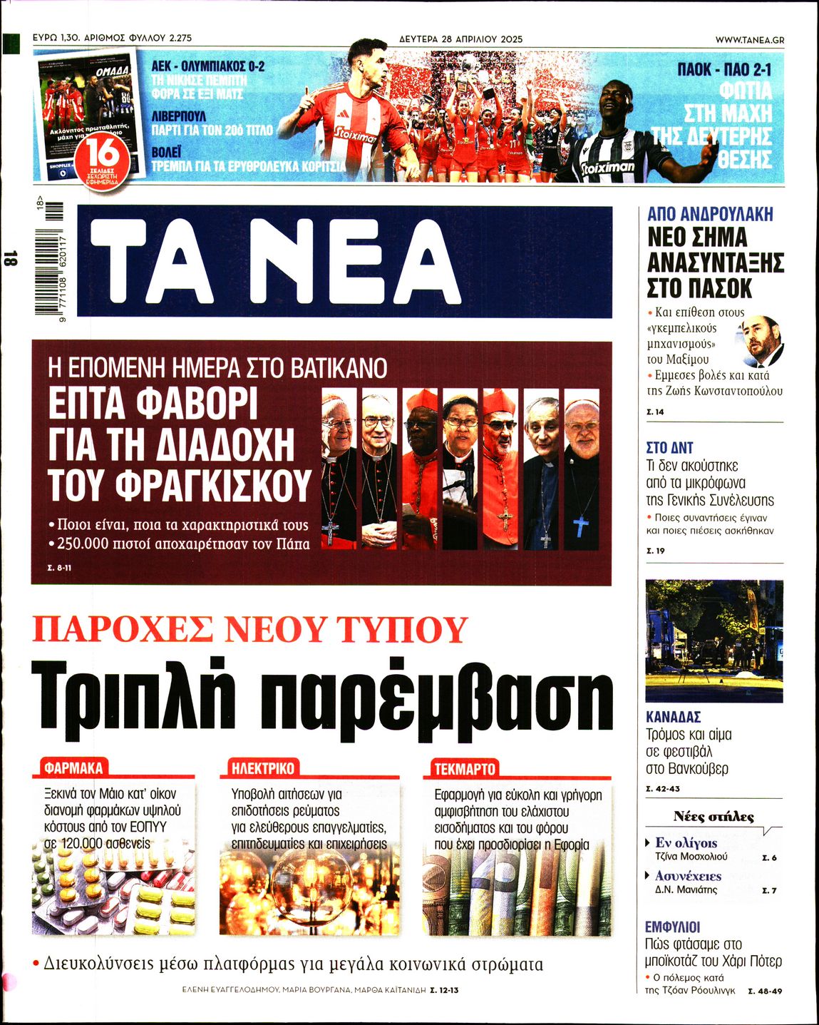 Εξώφυλο εφημερίδας ΤΑ ΝΕΑ 2025-04-28