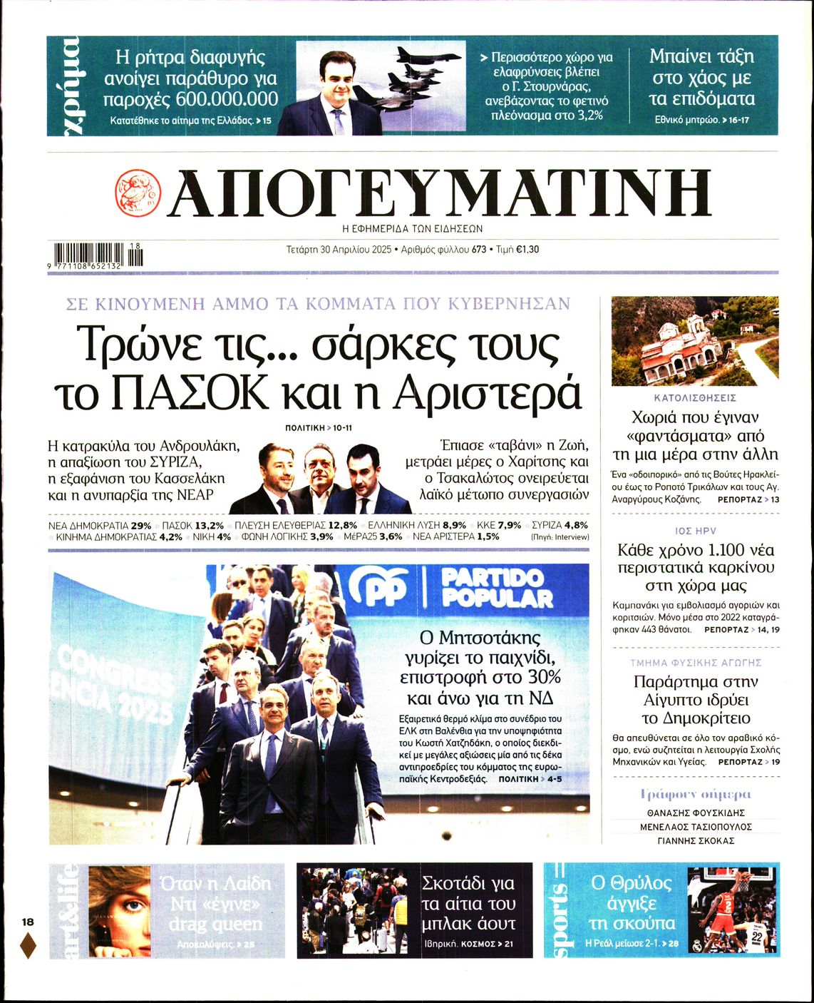 Εξώφυλο εφημερίδας ΑΠΟΓΕΥΜΑΤΙΝΗ 2025-04-30