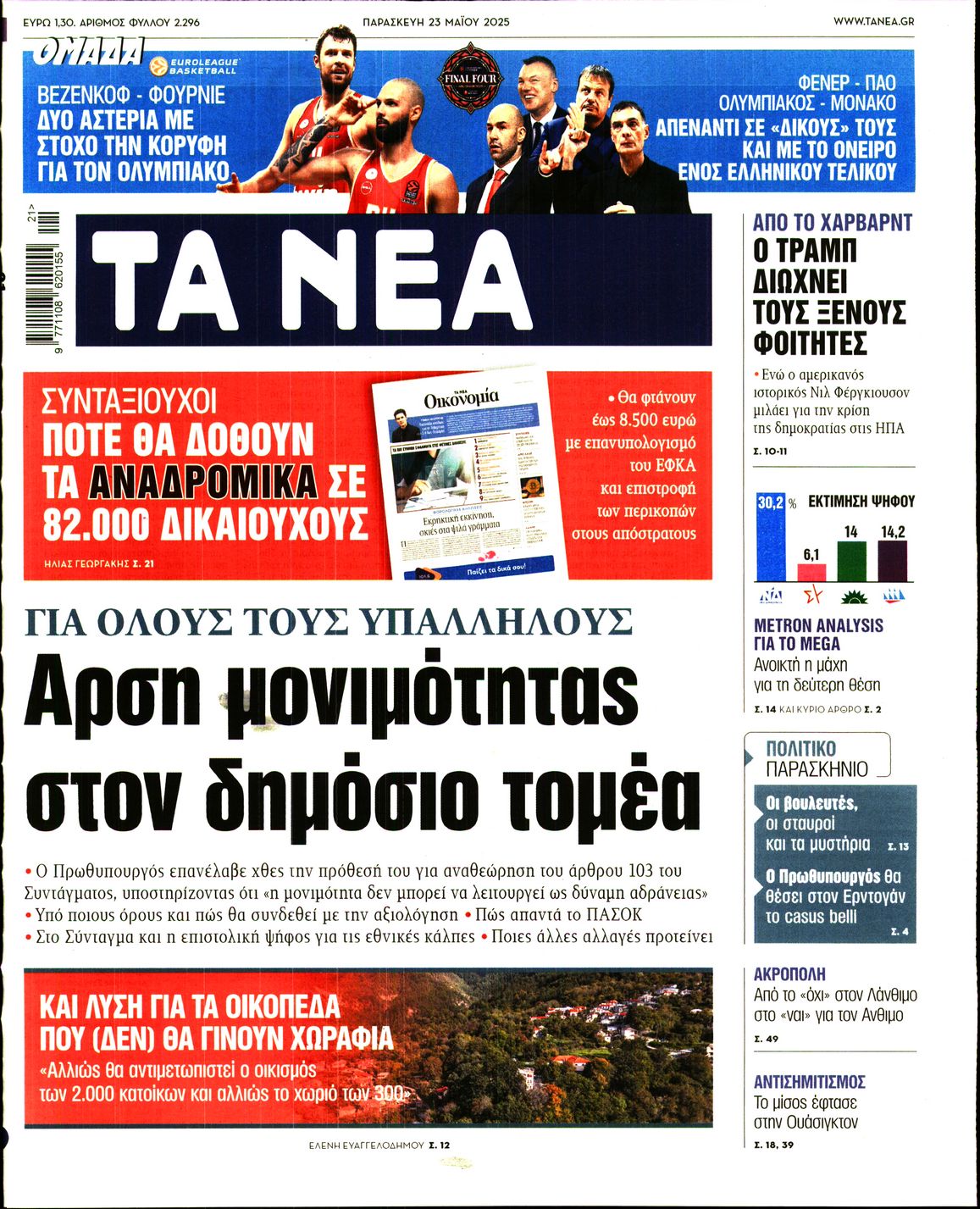 Εξώφυλο εφημερίδας ΤΑ ΝΕΑ 2025-05-23