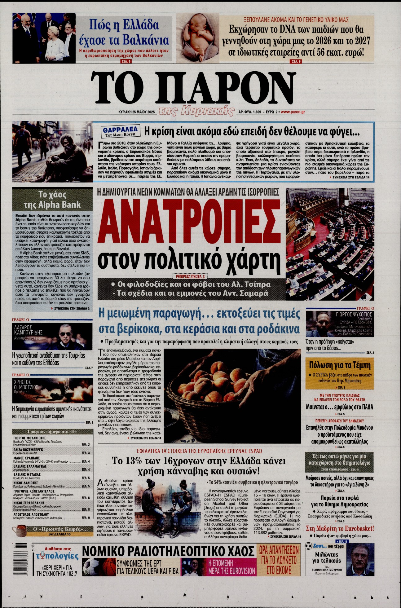 Εξώφυλο εφημερίδας ΤΟ ΠΑΡΟΝ 2025-05-25