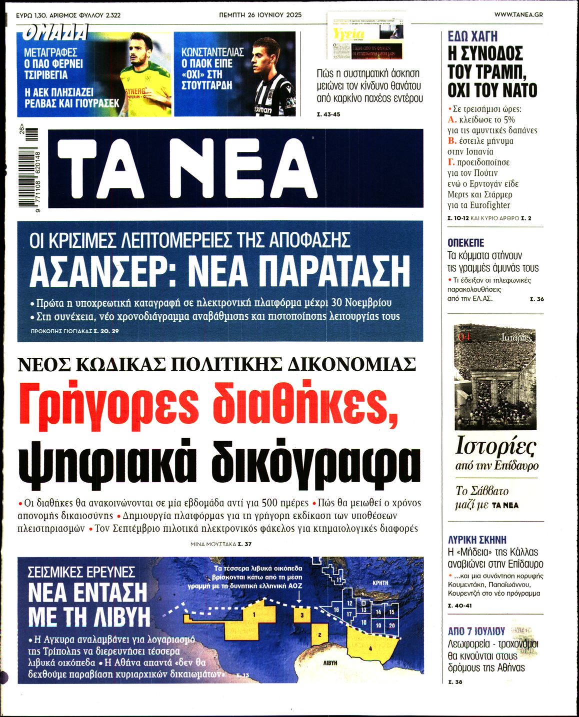 Εξώφυλο εφημερίδας ΤΑ ΝΕΑ 2025-06-26