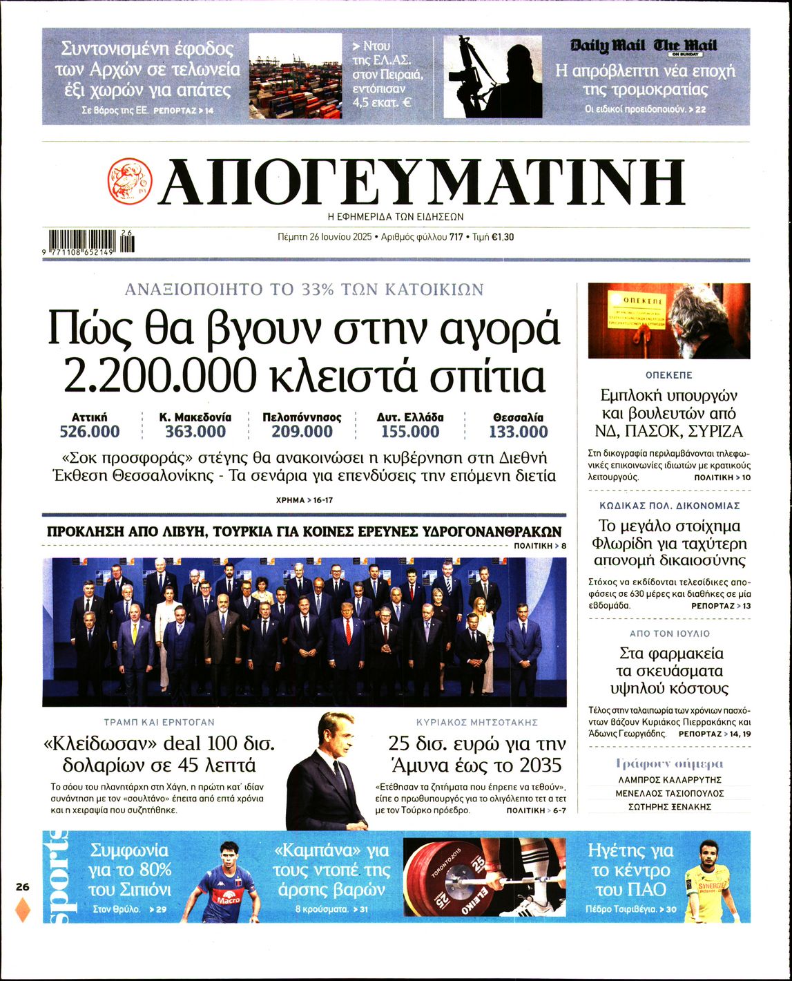 Εξώφυλο εφημερίδας ΑΠΟΓΕΥΜΑΤΙΝΗ 2025-06-26