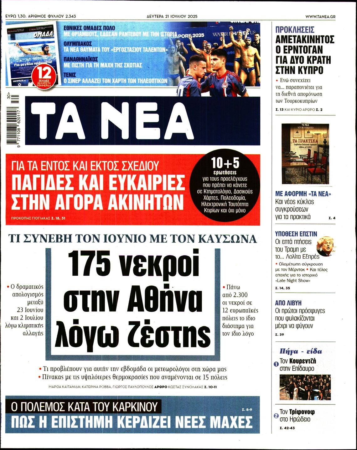 Εξώφυλο εφημερίδας ΤΑ ΝΕΑ 2025-07-21