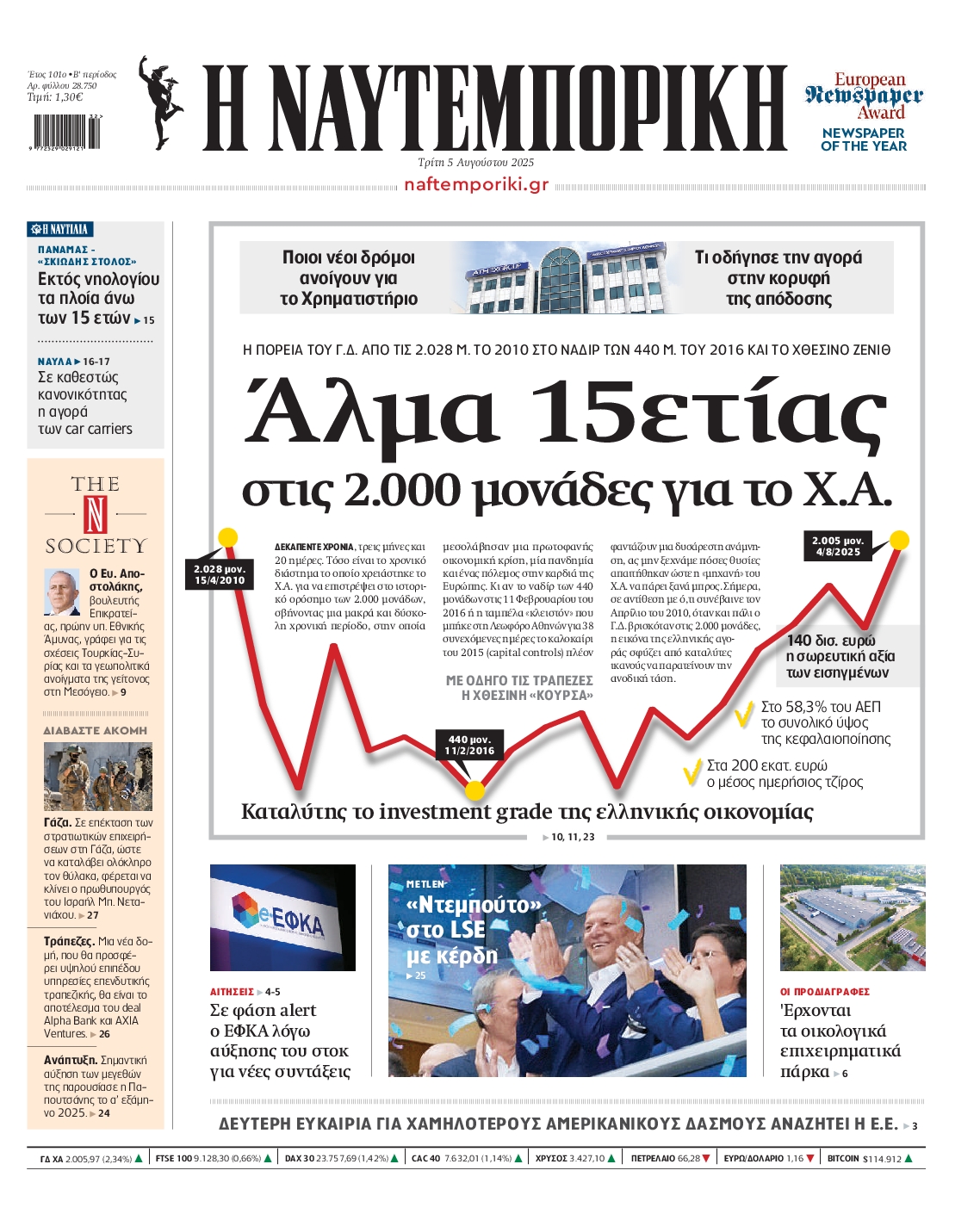 Εξώφυλο εφημερίδας ΝΑΥΤΕΜΠΟΡΙΚΗ 2025-08-05