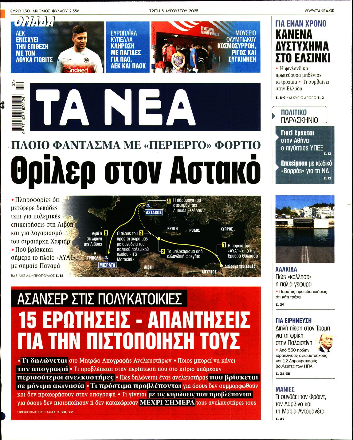 Εξώφυλο εφημερίδας ΤΑ ΝΕΑ 2025-08-05