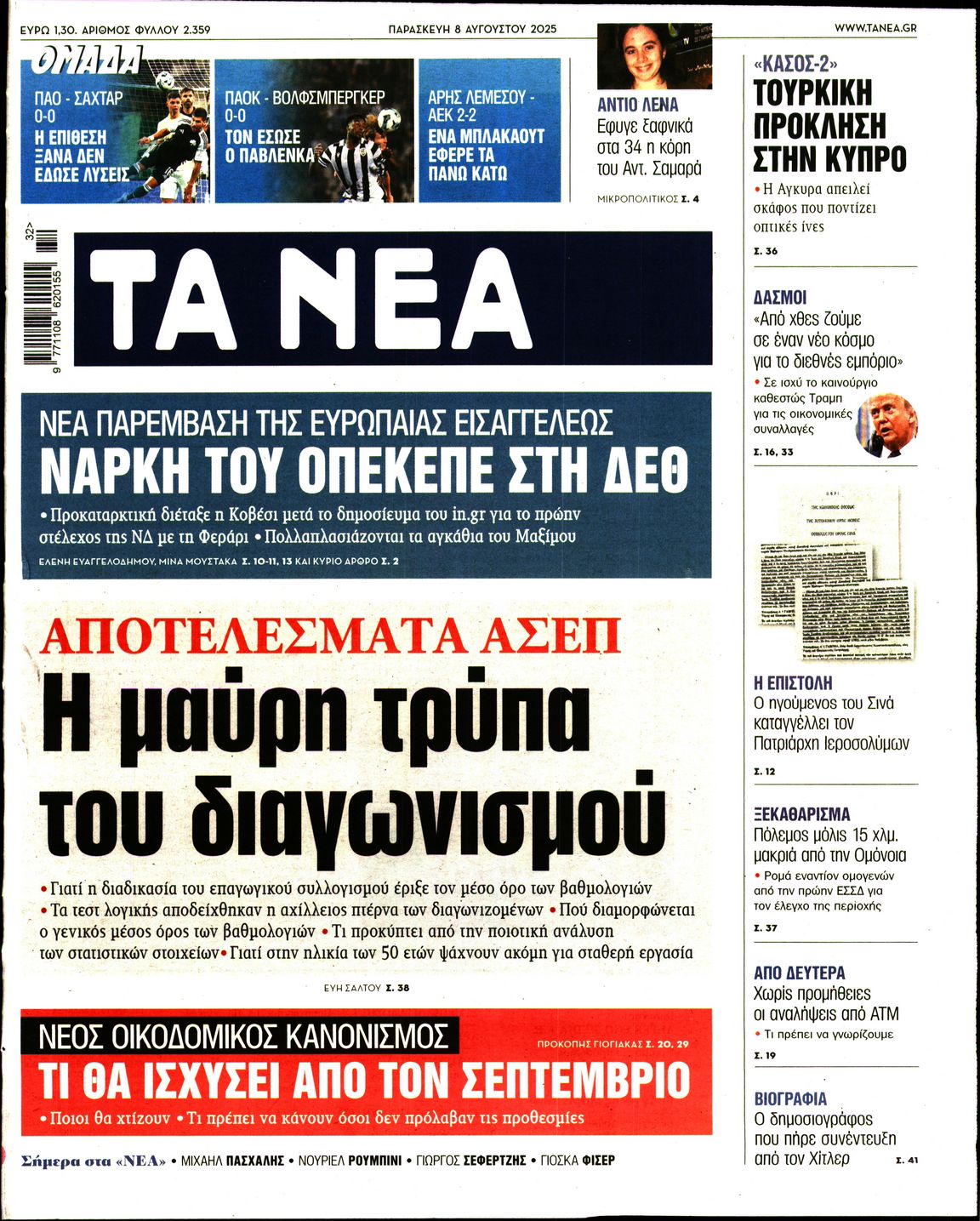 Εξώφυλο εφημερίδας ΤΑ ΝΕΑ 2025-08-08
