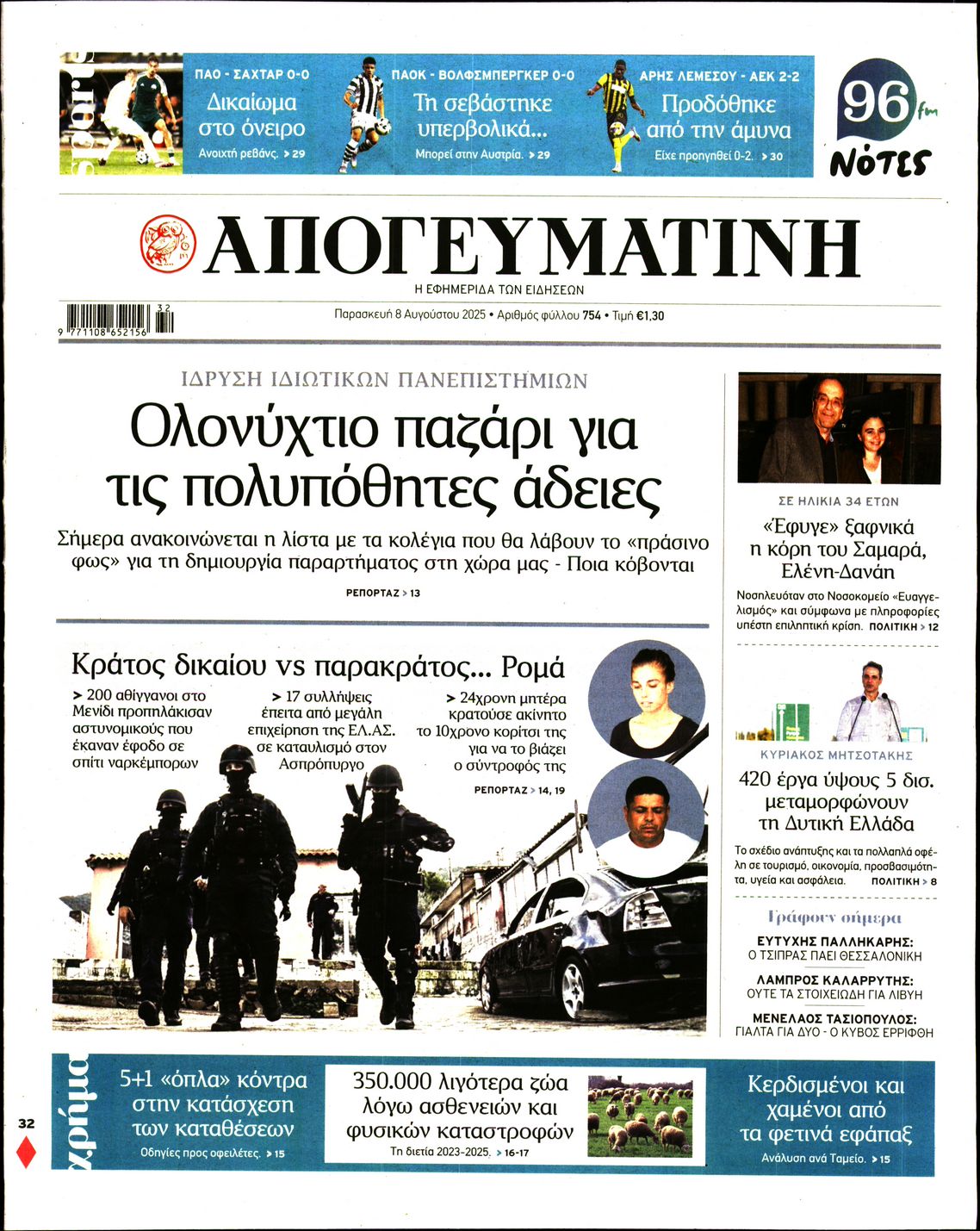 Εξώφυλο εφημερίδας ΑΠΟΓΕΥΜΑΤΙΝΗ 2025-08-08