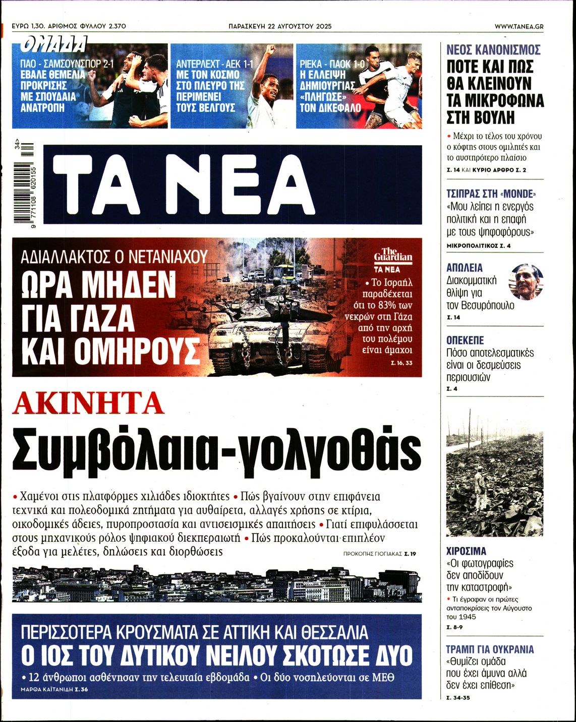 Εξώφυλο εφημερίδας ΤΑ ΝΕΑ 2025-08-22