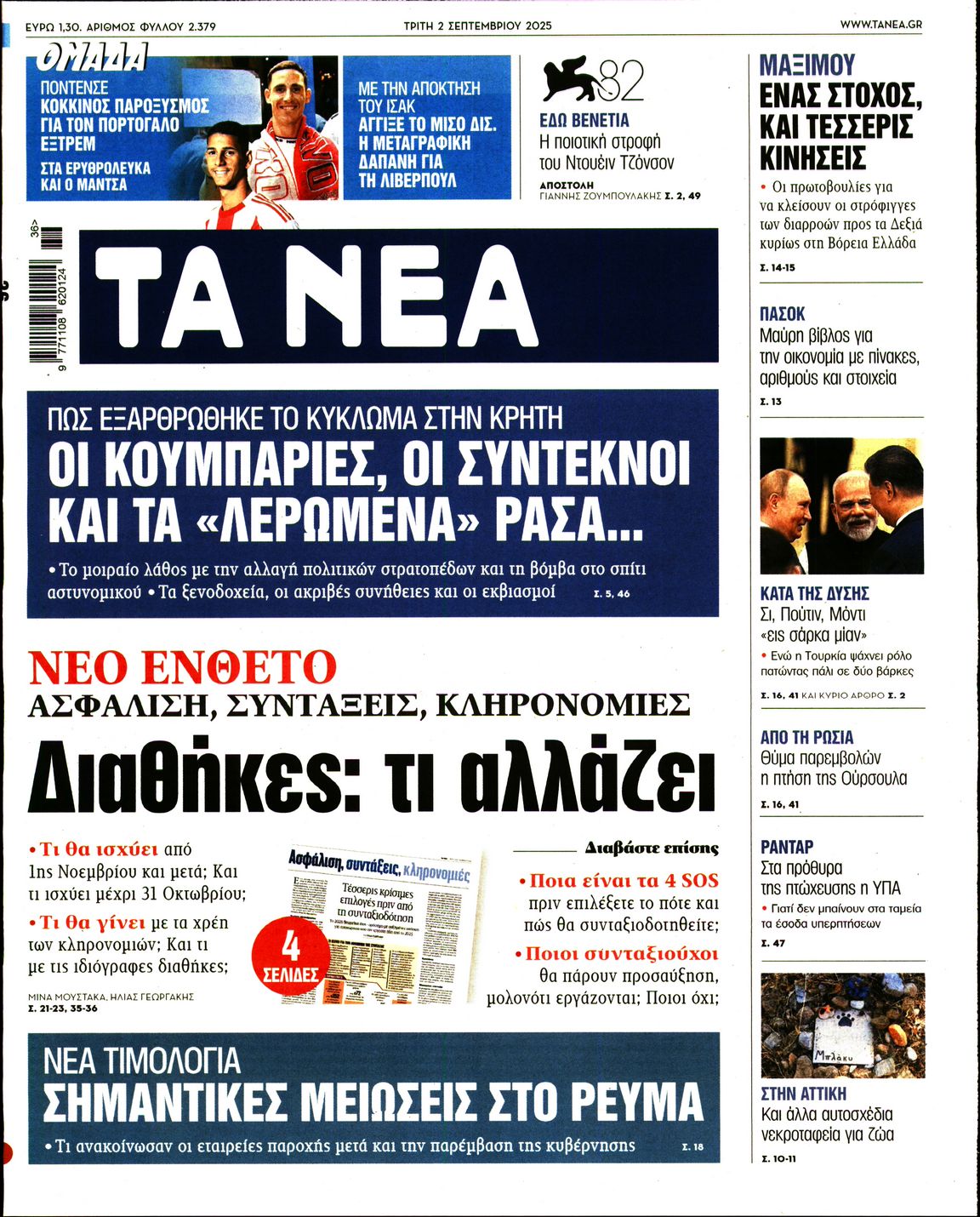 Εξώφυλο εφημερίδας ΤΑ ΝΕΑ 2025-09-02