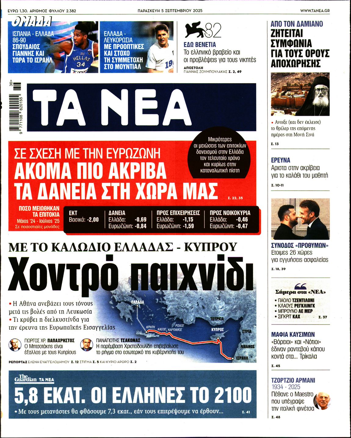 Εξώφυλο εφημερίδας ΤΑ ΝΕΑ 2025-09-05