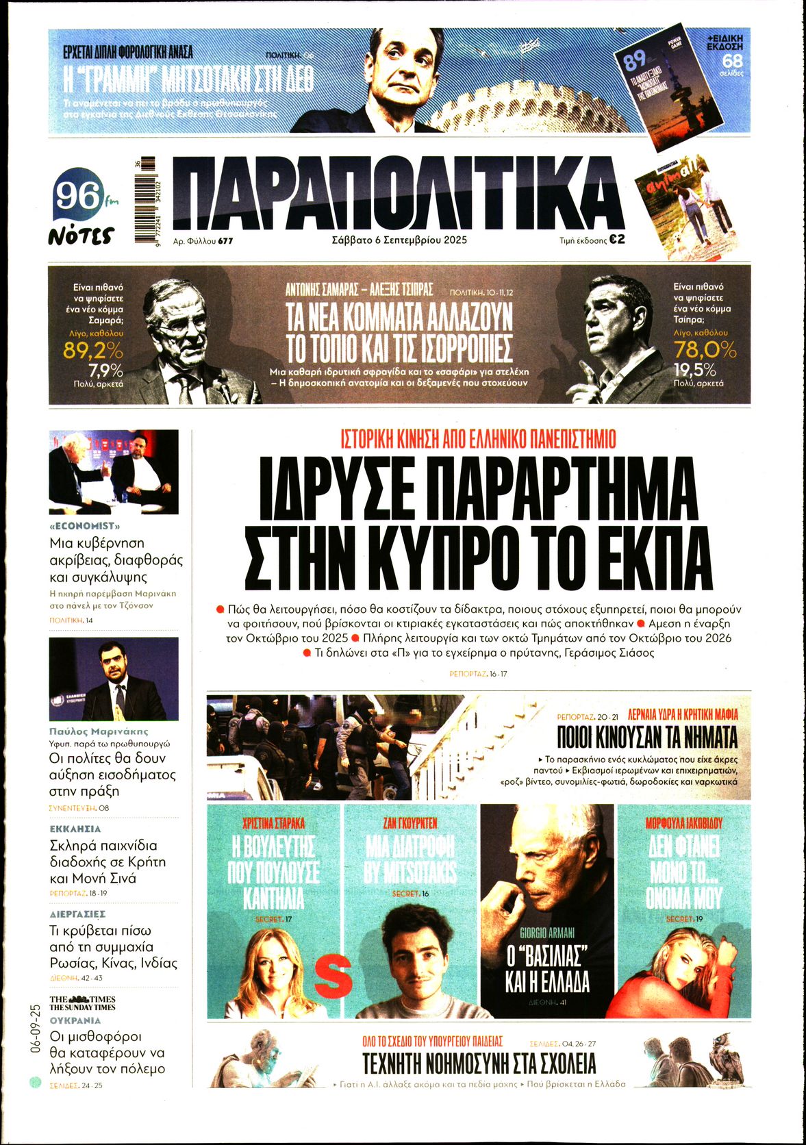 Εξώφυλο εφημερίδας ΠΑΡΑΠΟΛΙΤΙΚΑ 2025-09-06