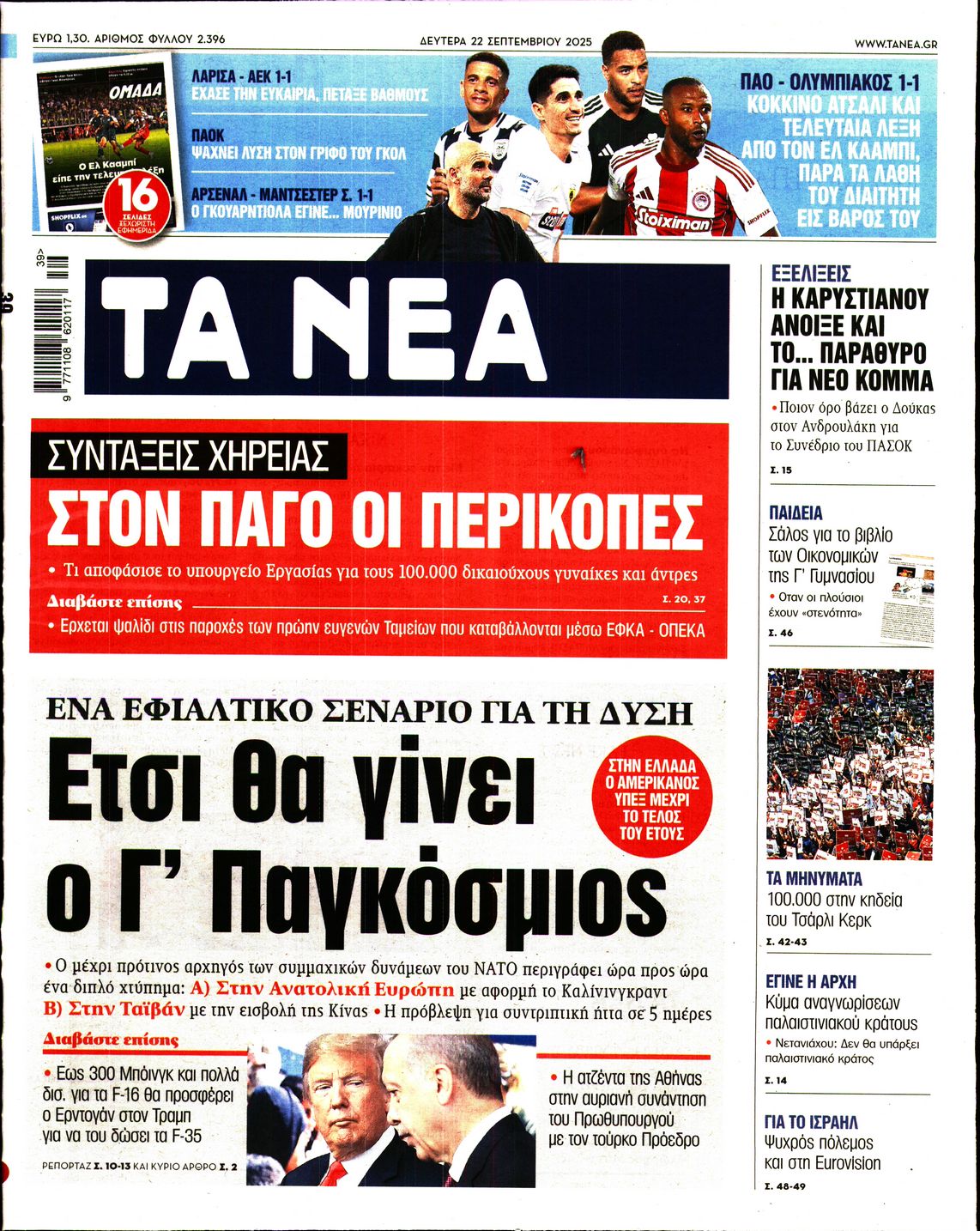 Εξώφυλο εφημερίδας ΤΑ ΝΕΑ 2025-09-22