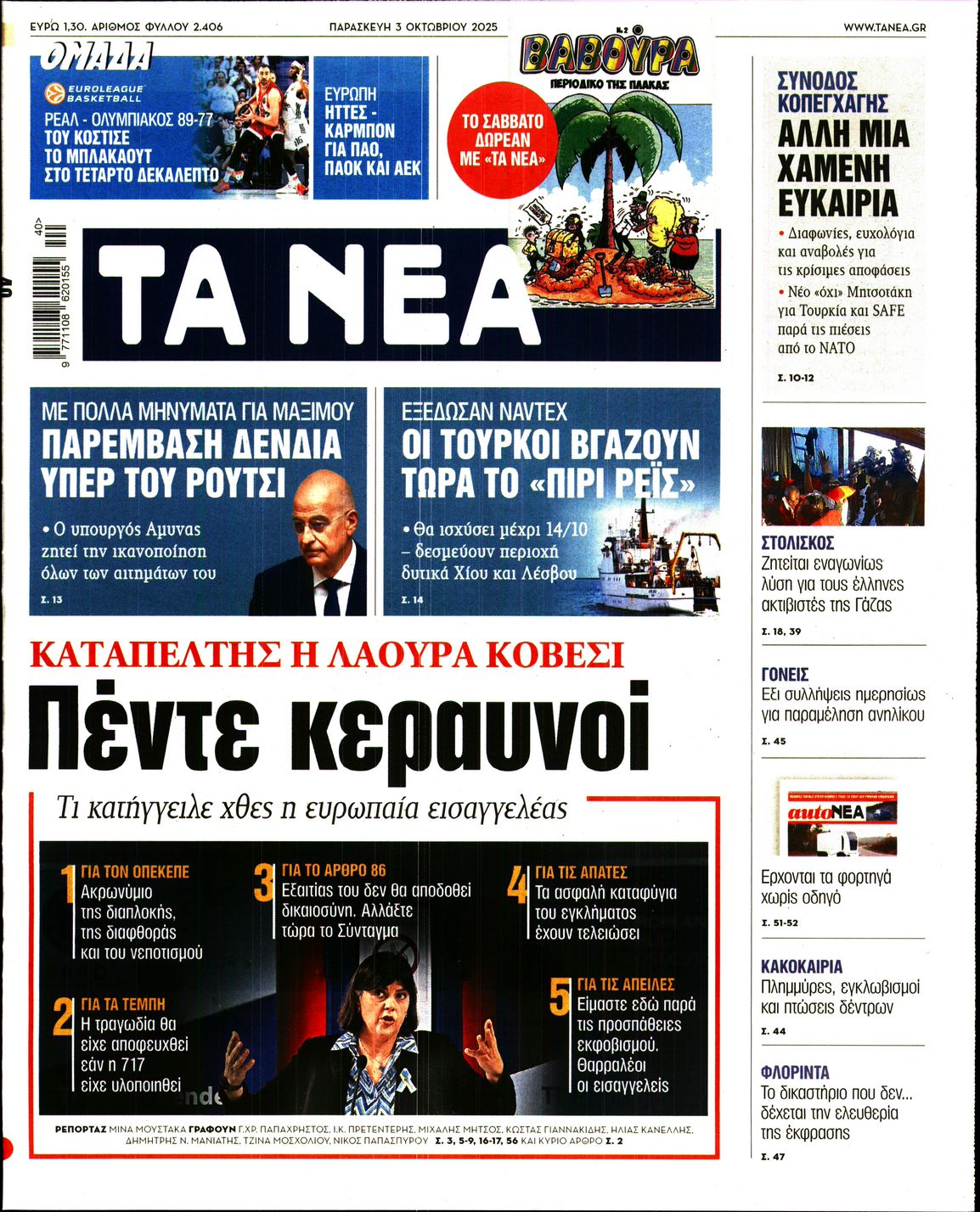 Εξώφυλο εφημερίδας ΤΑ ΝΕΑ 2025-10-03