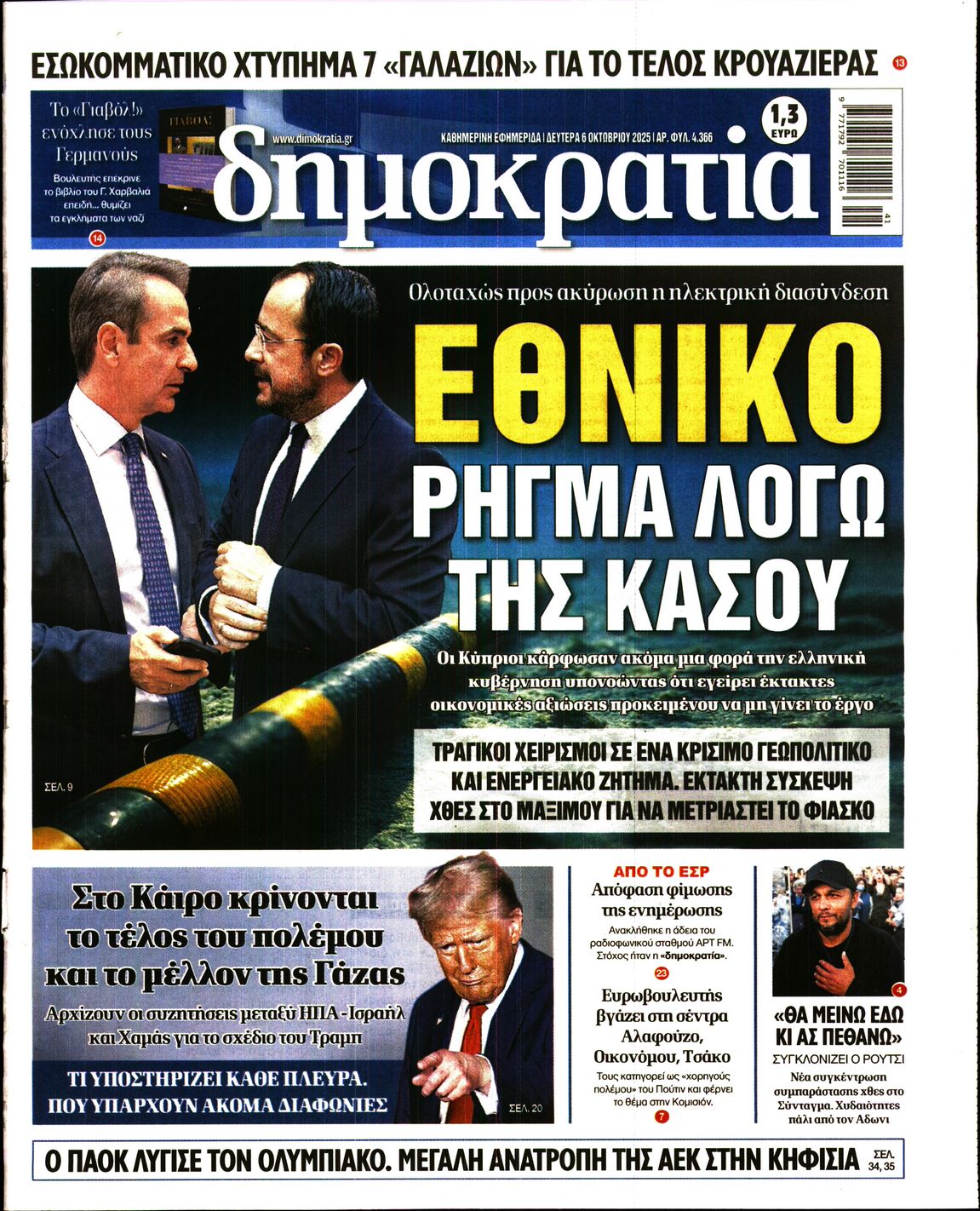 Εξώφυλο εφημερίδας ΔΗΜΟΚΡΑΤΙΑ 2025-10-06