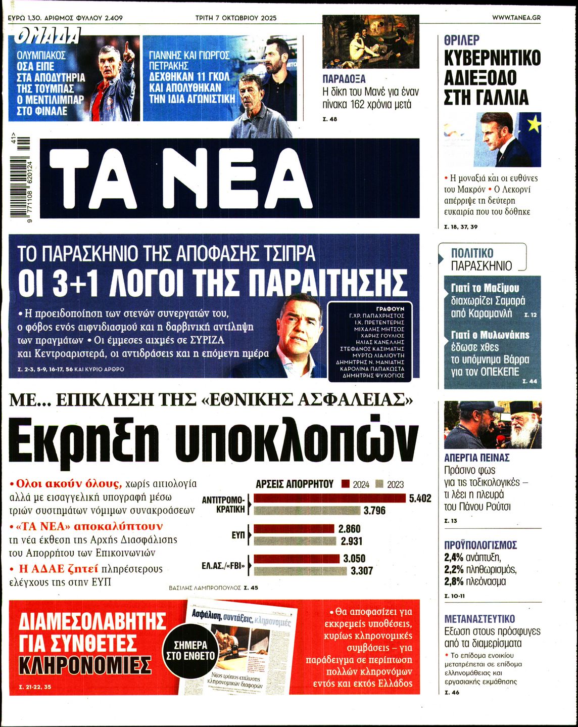 Εξώφυλο εφημερίδας ΤΑ ΝΕΑ 2025-10-07