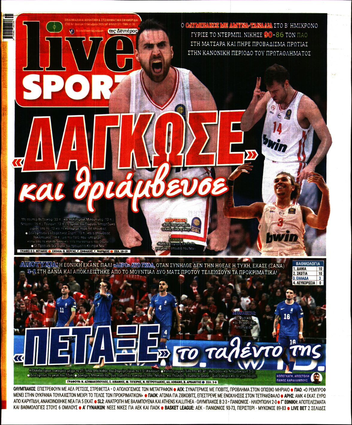 Εξώφυλο εφημερίδας LIVE SPORT 2025-10-13