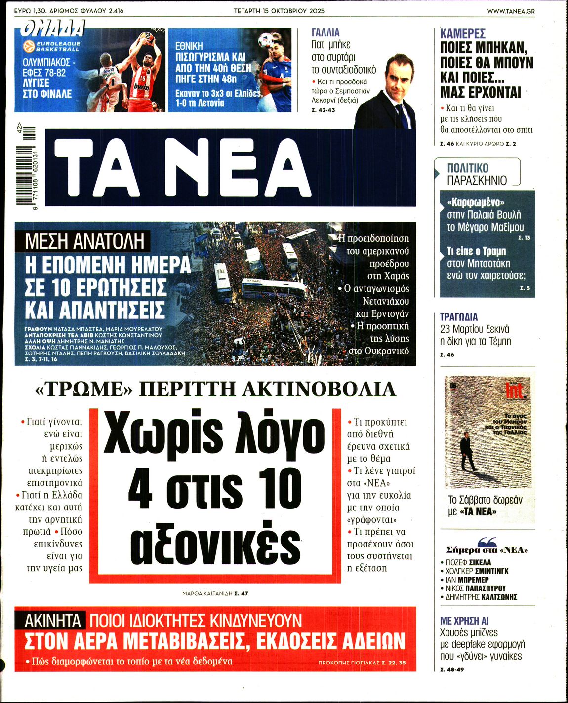 Εξώφυλο εφημερίδας ΤΑ ΝΕΑ 2025-10-15