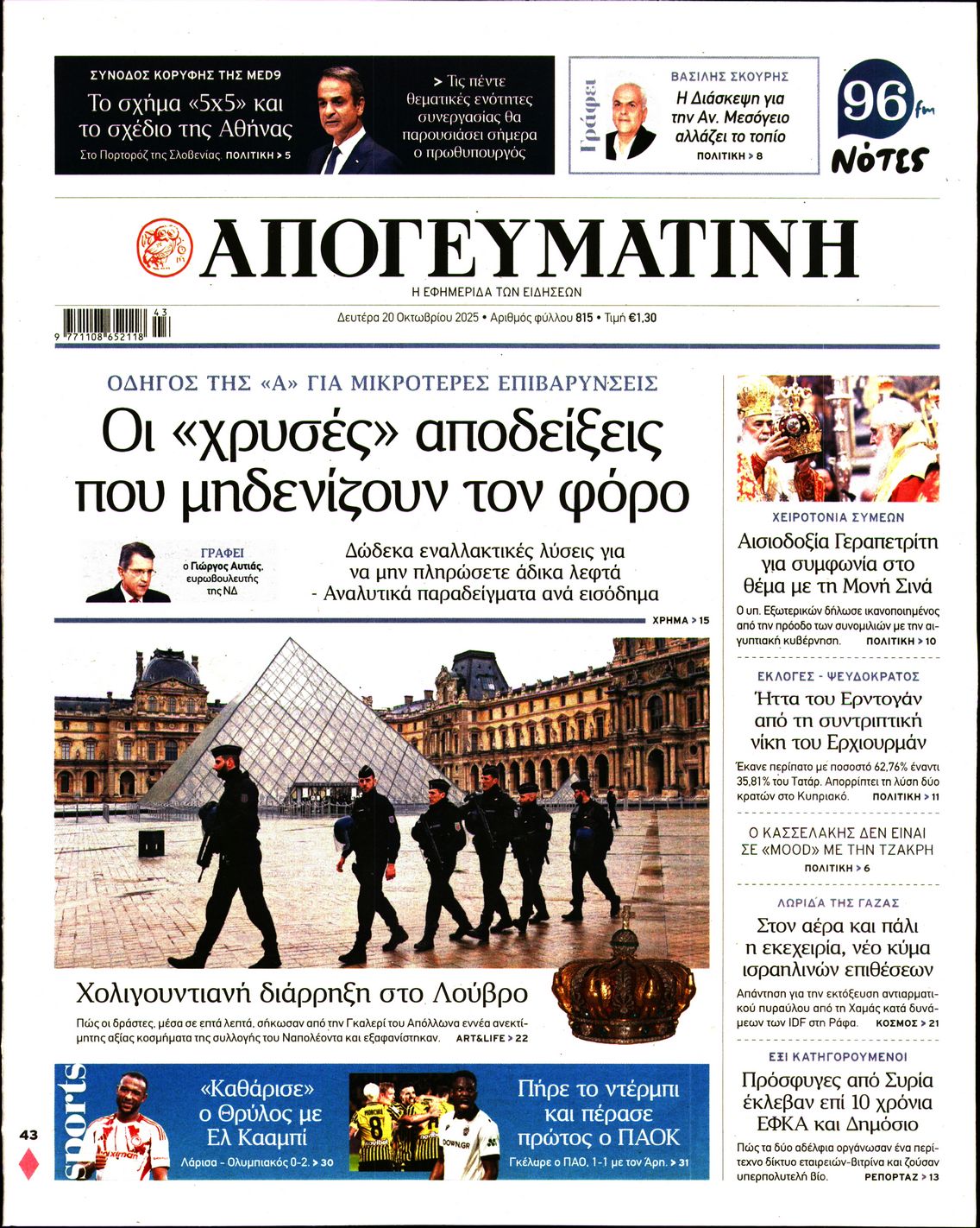 Εξώφυλο εφημερίδας ΑΠΟΓΕΥΜΑΤΙΝΗ 2025-10-20