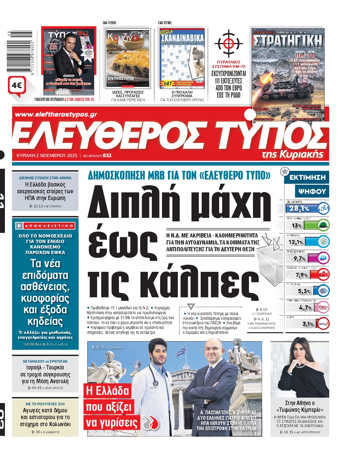 Εξώφυλο εφημερίδας ΕΛΕΥΘΕΡΟΣ ΤΥΠΟΣ 2025-11-02
