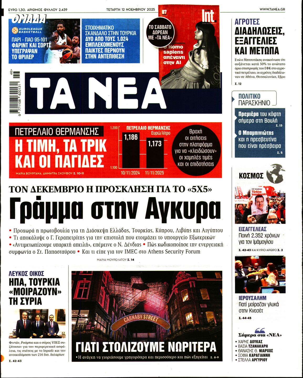 Εξώφυλο εφημερίδας ΤΑ ΝΕΑ 2025-11-12