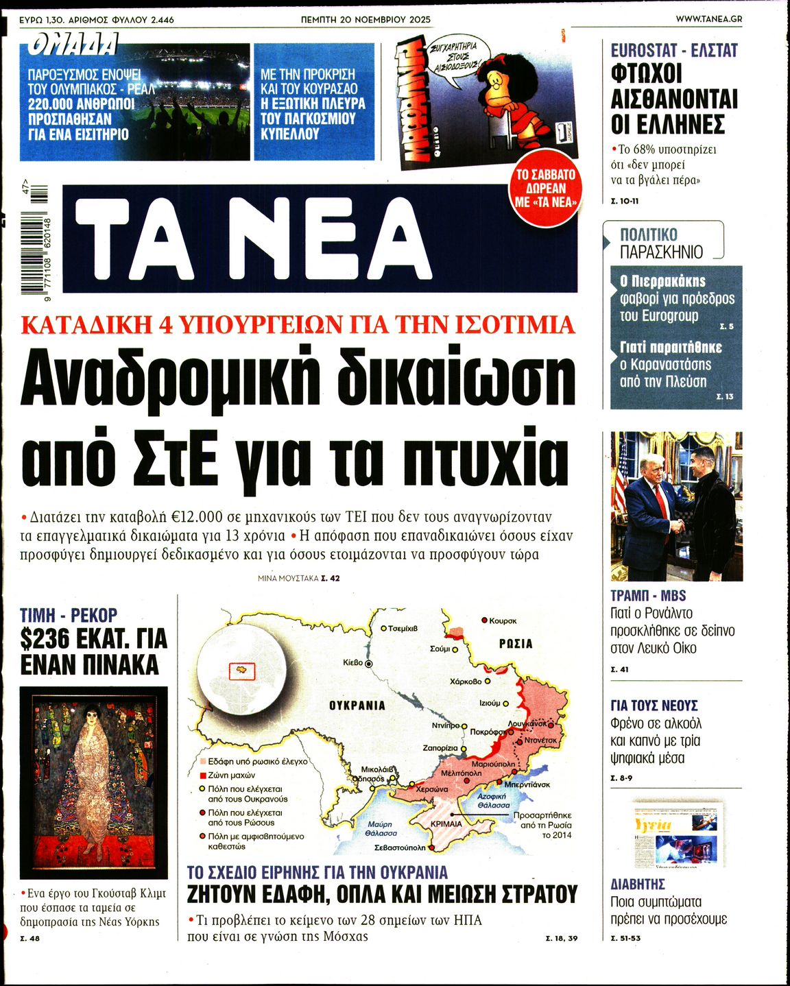 Εξώφυλο εφημερίδας ΤΑ ΝΕΑ 2025-11-20